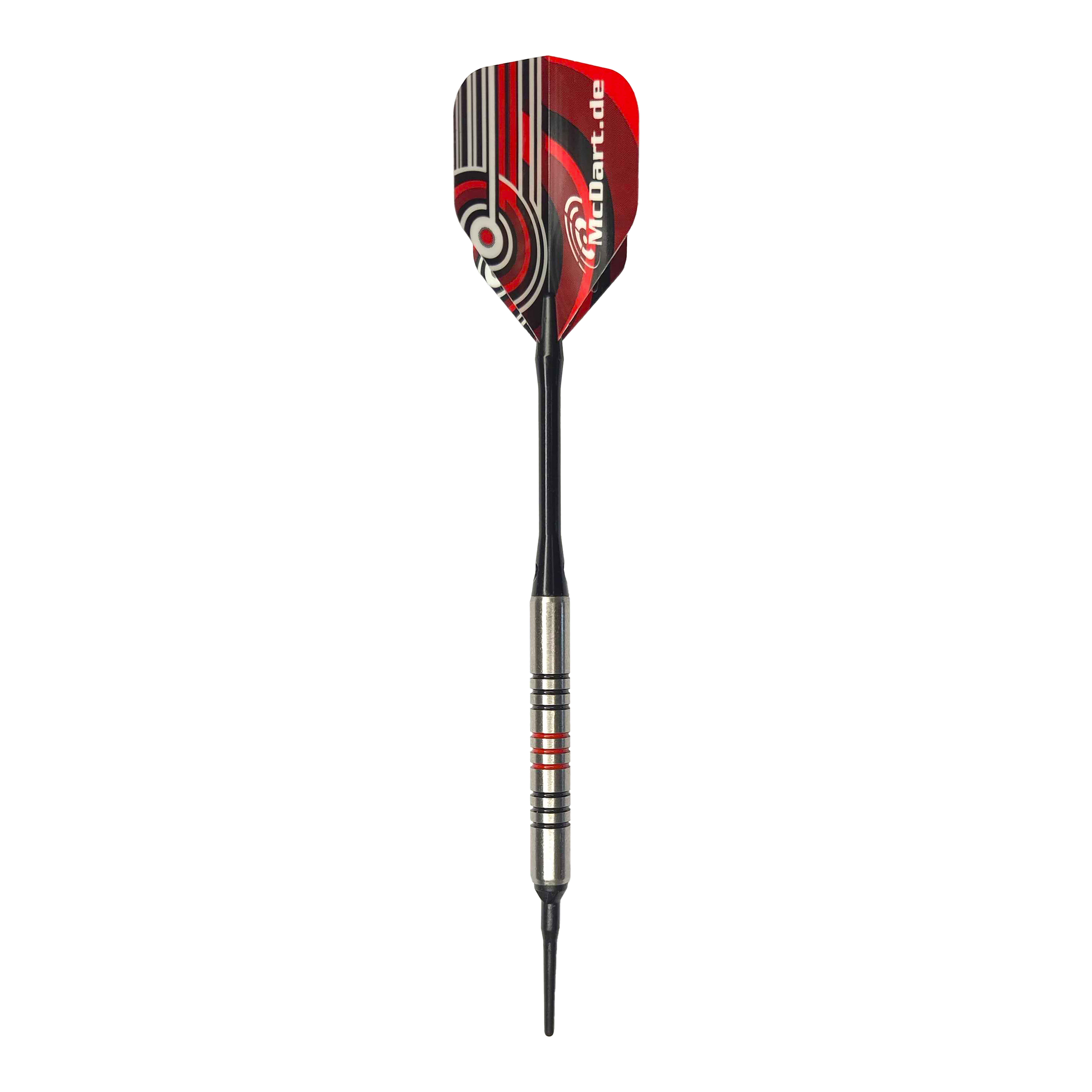 Lotki McDart 85 Tungsten V11 Soft Darts - 17,5 g Dies ist ein McDart 85er Tungsten V11 Softdart mit einem Gewicht von 17,5g. Der Dart hat ein silbernes Barrel mit schwarzen und roten Ringen sowie ein rot-schwarzes Flight-Design.