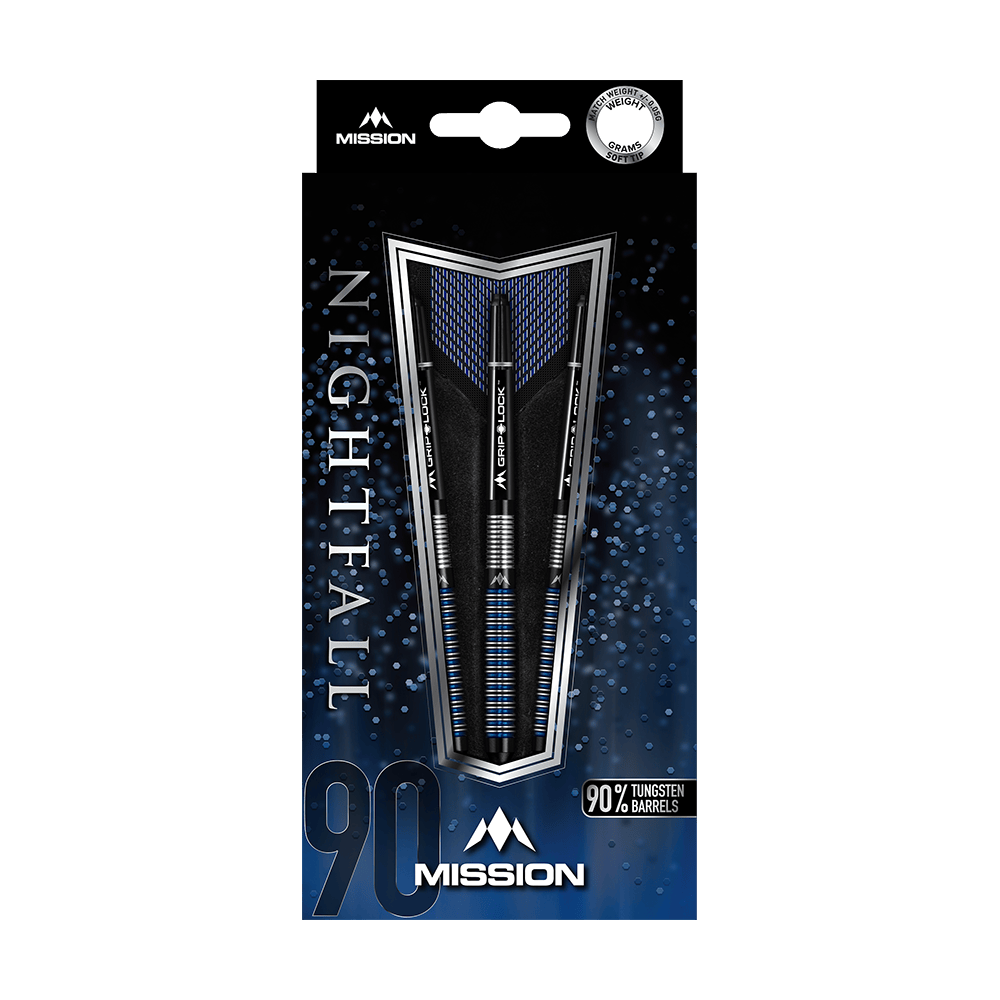 Das Bild zeigt die Verpackung der "Mission Nightfall Model 1 Softdarts". Die Darts bestehen zu 90 % aus Tungsten und sind auf einem dunkelblauen Hintergrund präsentiert.