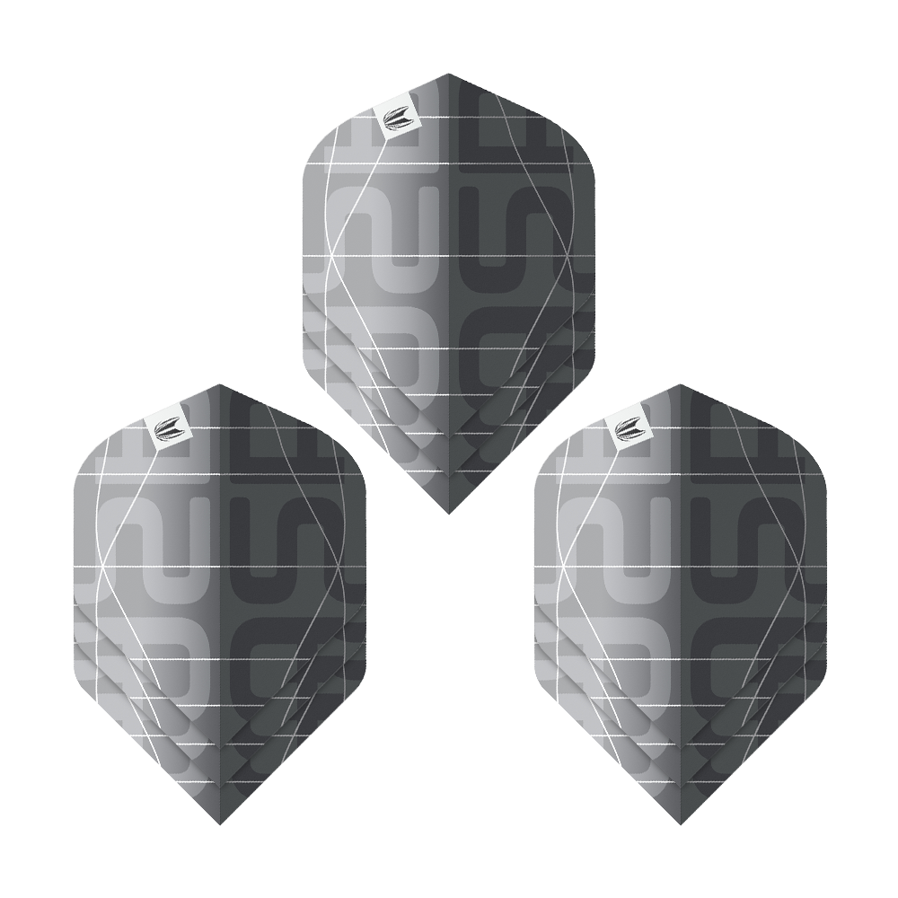 Target Pro Ultra Aspinall X Echo No2 Standard Flights - 3 zestawy Das Bild zeigt drei schwarze und graue Dartflights mit modernem Muster. Es handelt sich um das Produkt "Target Pro Ultra Aspinall X Echo No2 Standard Flights - 3 Sets".