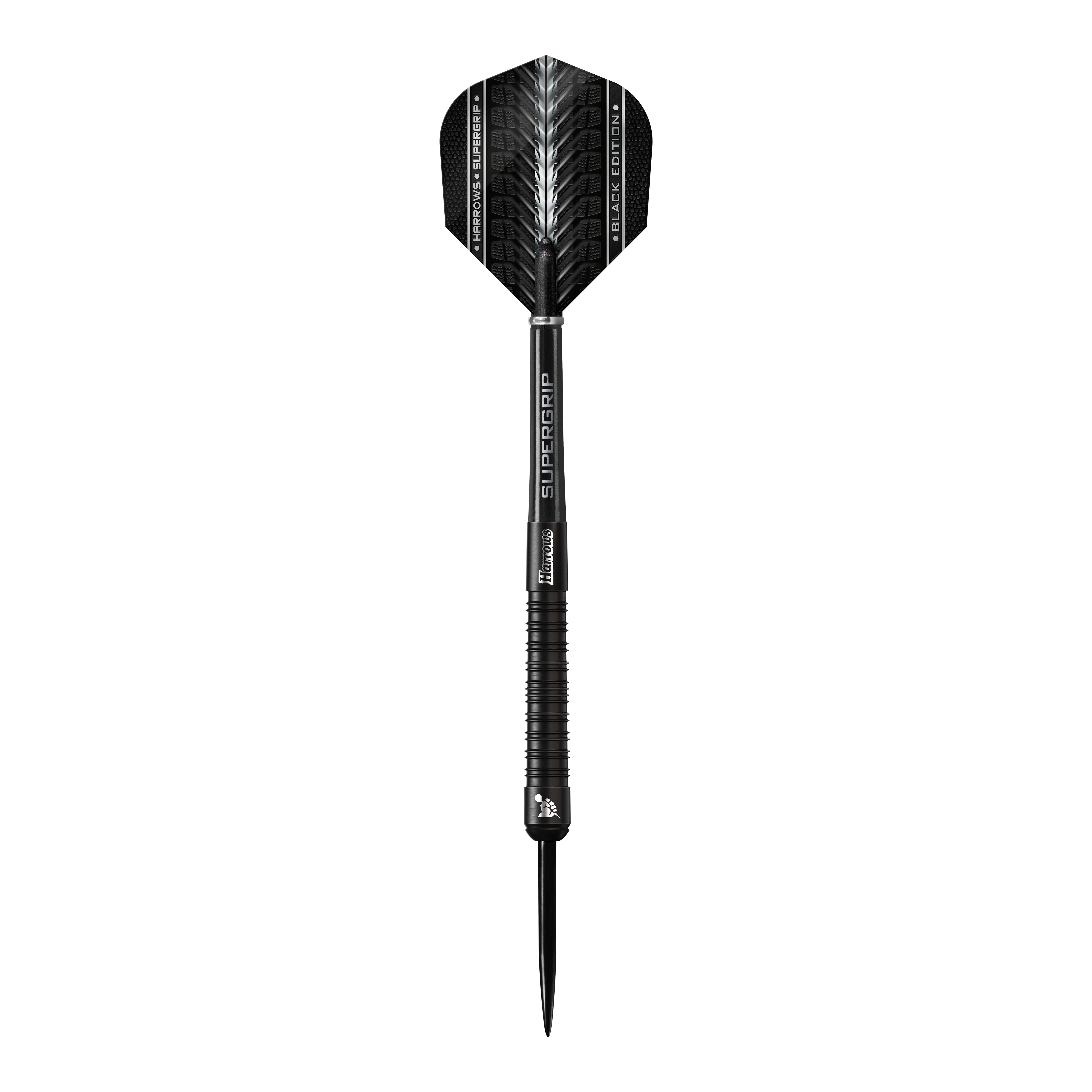 Stalowe lotki Harrows Supergrip Black Edition Das Bild zeigt einen schwarzen Steeldart der Marke Harrows Supergrip Black-Edition. Der Dart hat ein elegantes, komplett schwarzes Design mit feinen silbernen Akzenten.