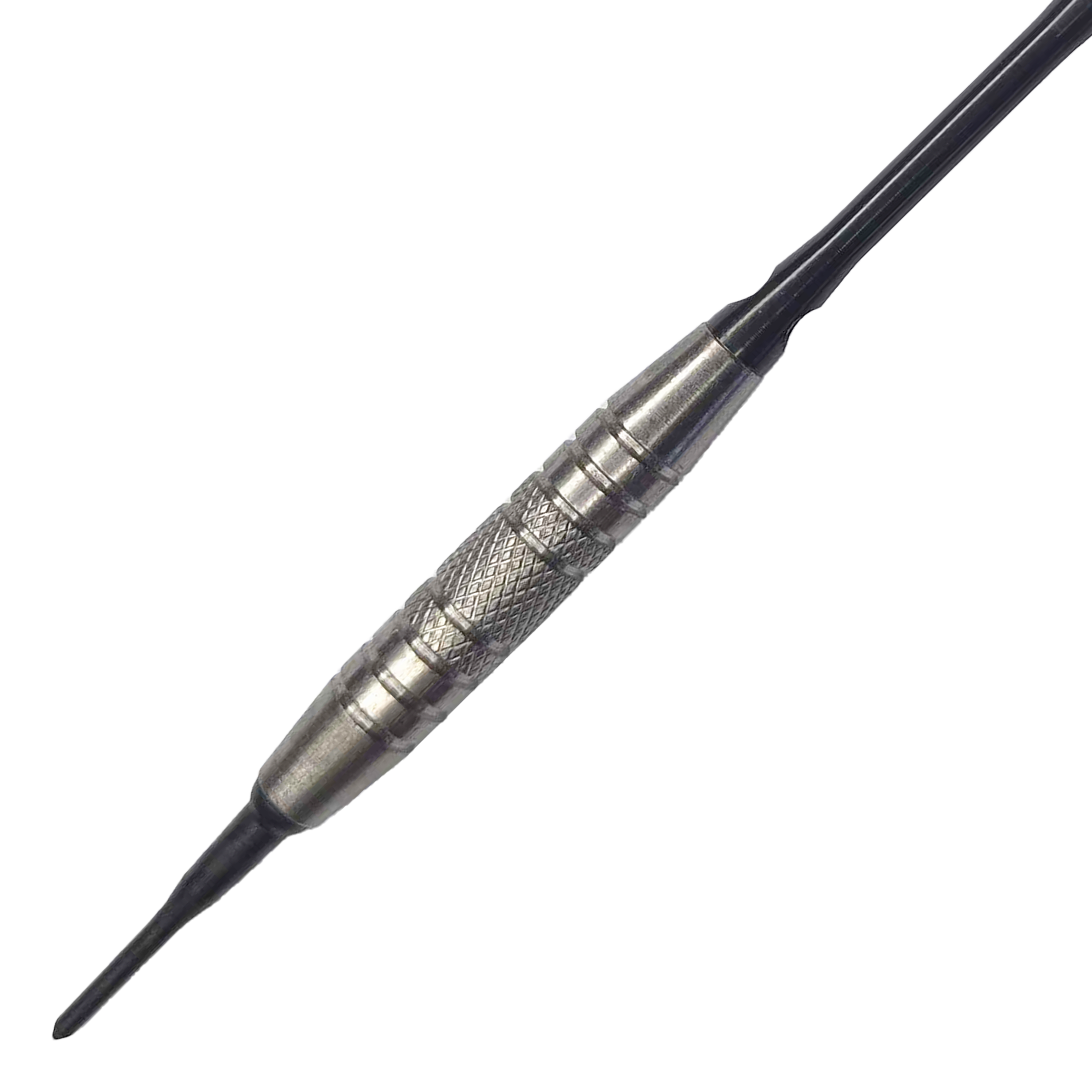 Lotki McDart 85 Tungsten V6 Soft Darts - 16g Das Bild zeigt einen Softdart namens "McDart 85er Tungsten V6" mit einem Gewicht von 16 Gramm. Der Dart hat einen silbernen, strukturierten Griffbereich für besseren Halt.