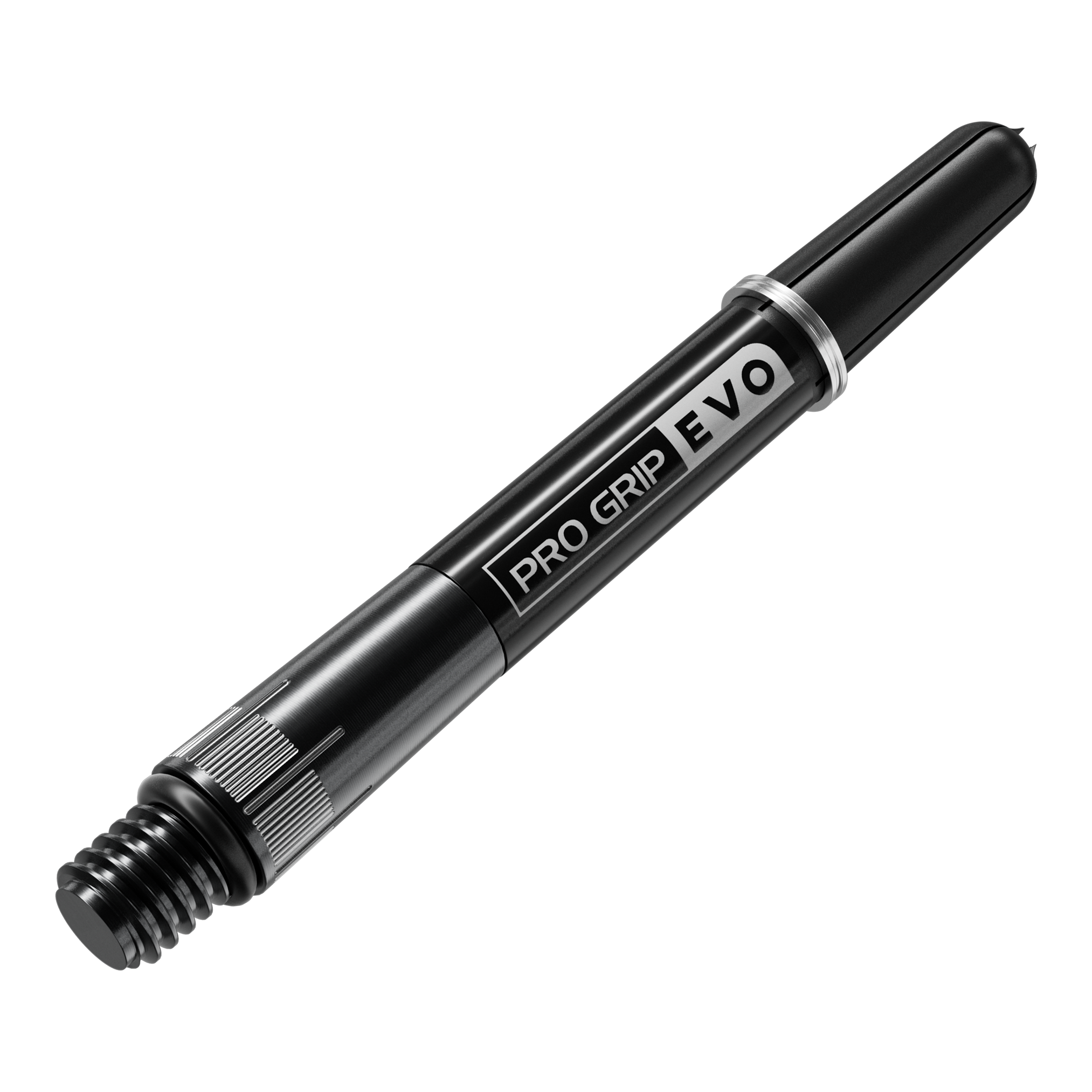Dies ist ein schwarzer Dart-Schaft mit der Aufschrift "PRO GRIP EVO". Er besteht aus Metall und hat ein glänzendes Finish.