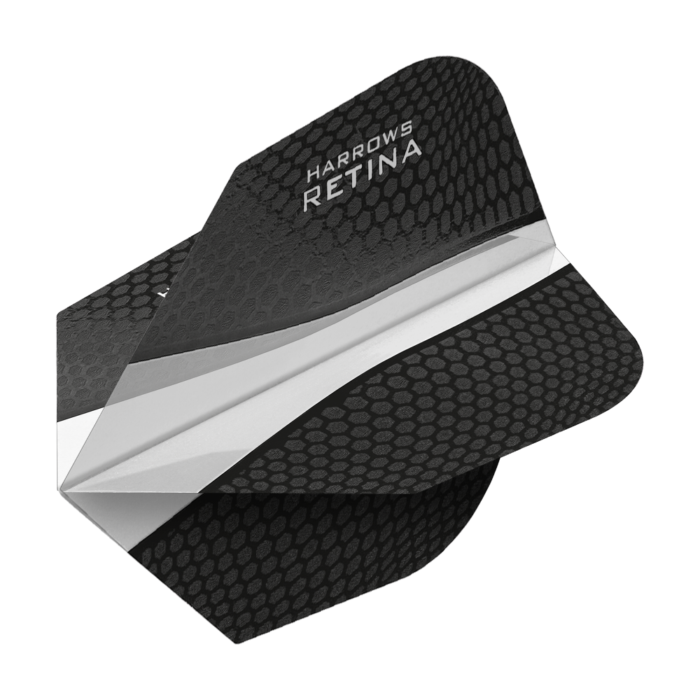 HR65_Harrows_Retina_Transparent_No2_Standard_Flights_2 Das Bild zeigt das Produkt "Harrows Retina Transparent No6 Flights". Die Flights sind schwarz mit einem transparenten Streifen und einem modernen, strukturierten Muster.