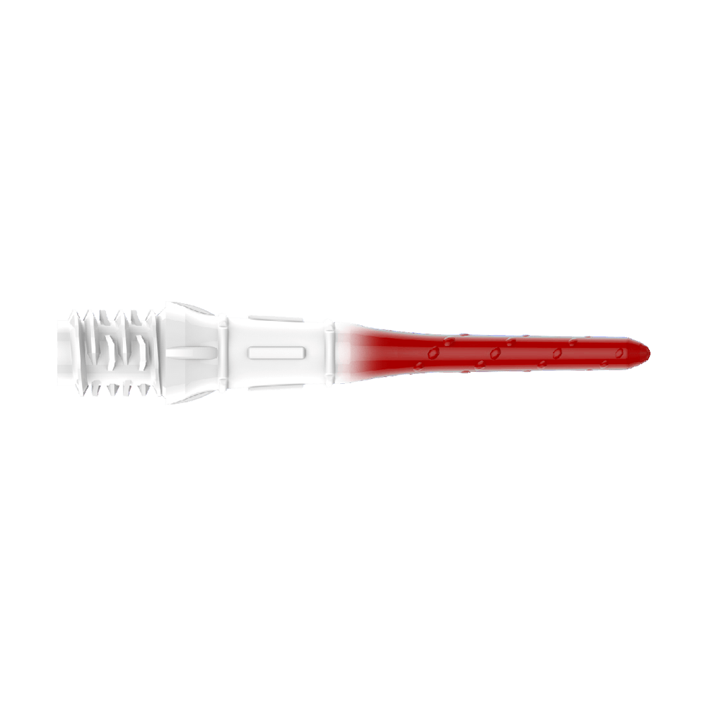 Końcówki do brwi L-Style Premium Lippoint Gradiation Dart Tips (opakowanie 30 sztuk) Das Bild zeigt eine Dartspitze mit einem Farbverlauf von Weiß zu Rot. Die Spitze hat ein gezacktes Gewinde auf der linken Seite und ist glatt auf der rechten Seite.