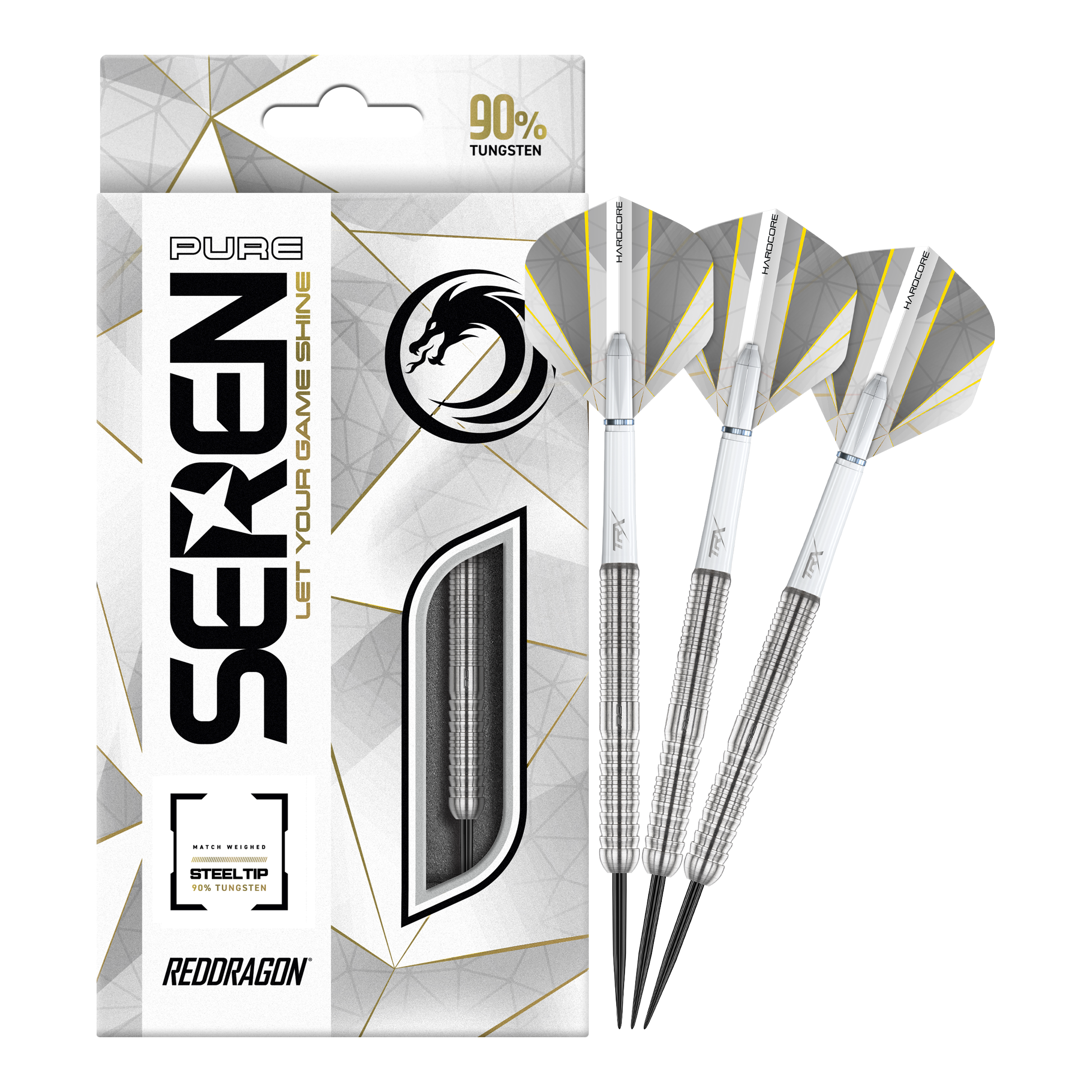 Red Dragon Seren 1 Czyste Steeldarts Auf dem Bild sind die Red Dragon Seren 1 Pure Steeldarts und ihre Verpackung zu sehen. Die Darts bestehen zu 90 % aus Tungsten und haben ein elegantes, silbernes Design.