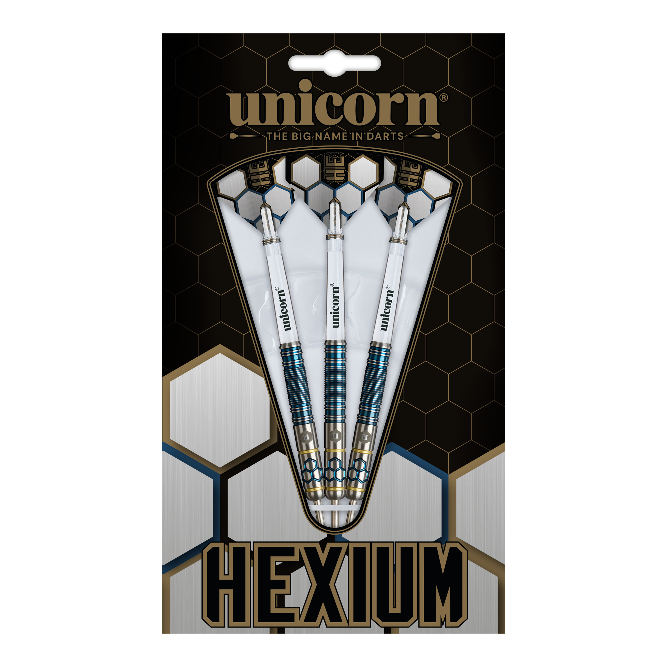Unicorn Hexium Style 02 Niebieskie i złote Steeldarts Das Bild zeigt die Unicorn Hexium Style 02 Blue & Gold Steeldarts. Die Darts sind in Blau und Gold designt.