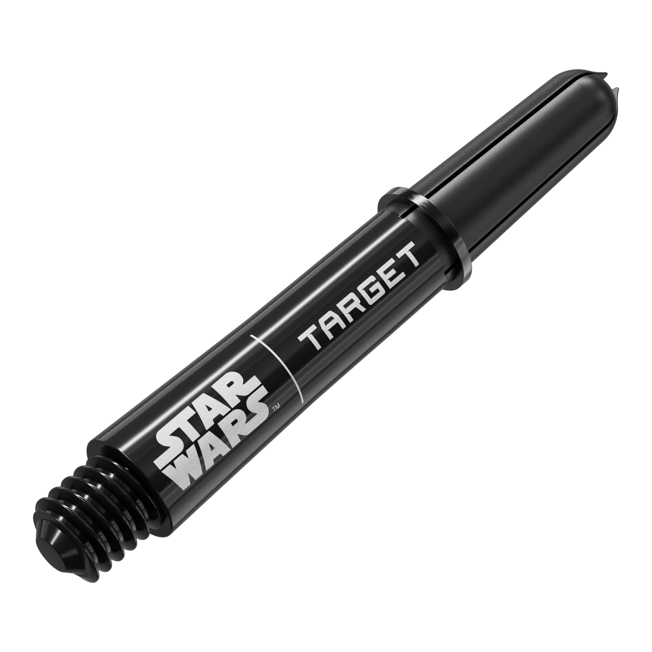 Das Bild zeigt das Produkt mit dem Dateinamen 380420_Target_StarWars_ProGrip_Shafts_Schwarz_Short_34mm_2. Es handelt sich wahrscheinlich um schwarze, kurze Dartshafts mit Star Wars-Design.