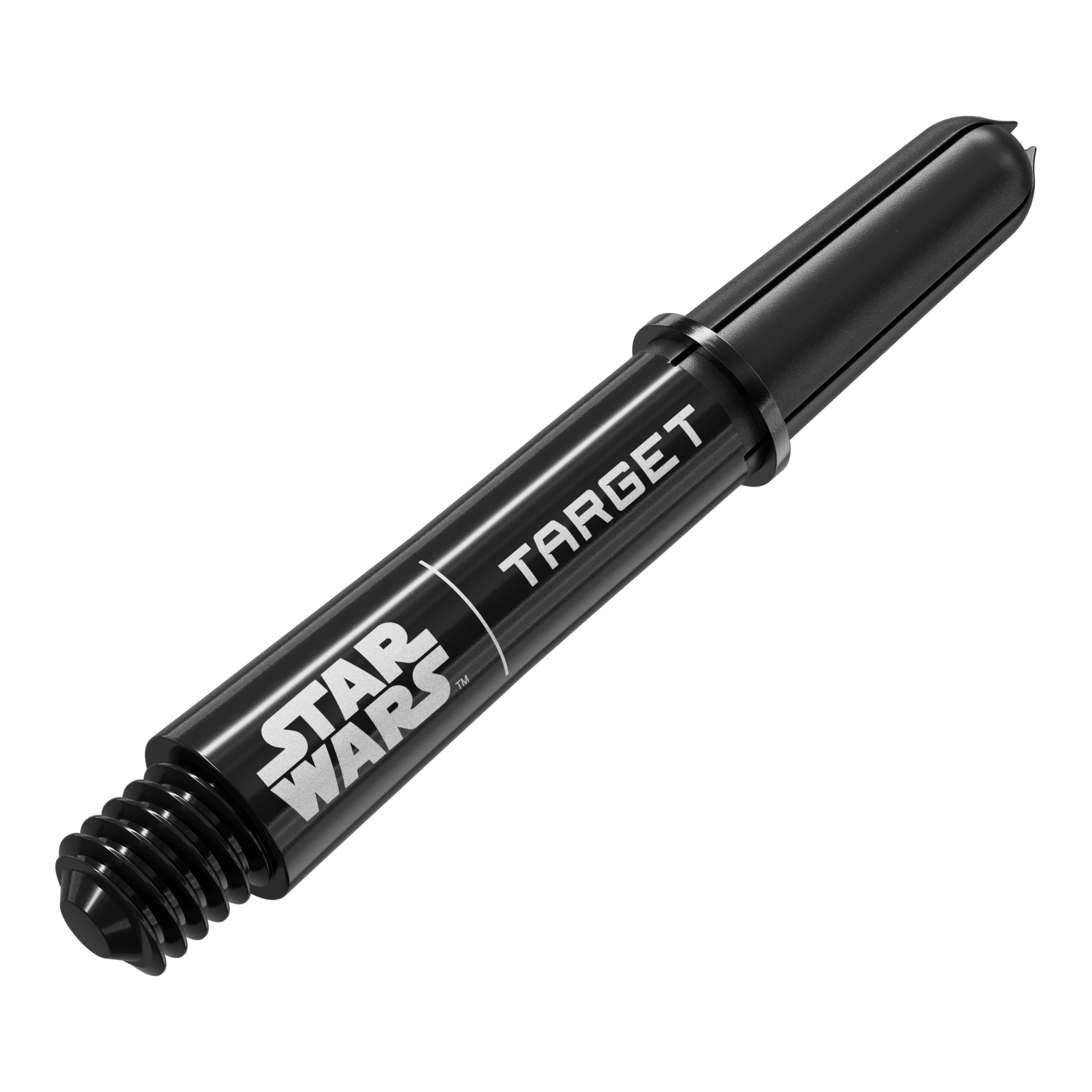 Wałki Target Star Wars ProGrip – czarne Das Bild zeigt das Produkt mit dem Dateinamen 380420_Target_StarWars_ProGrip_Shafts_Schwarz_Short_34mm_2. Es handelt sich wahrscheinlich um schwarze, kurze Dartshafts mit Star Wars-Design.