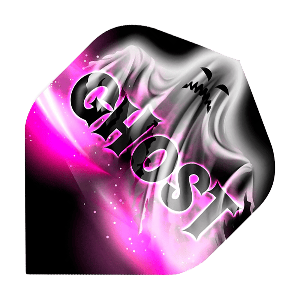 Misja Solo Bailey Marsh No2 Standardowe loty Das Bild zeigt ein Dartflight mit einem Geistermotiv und dem Wort "GHOST" groß darüber geschrieben. Die Farben sind hauptsächlich Schwarz, Weiß und Pink.