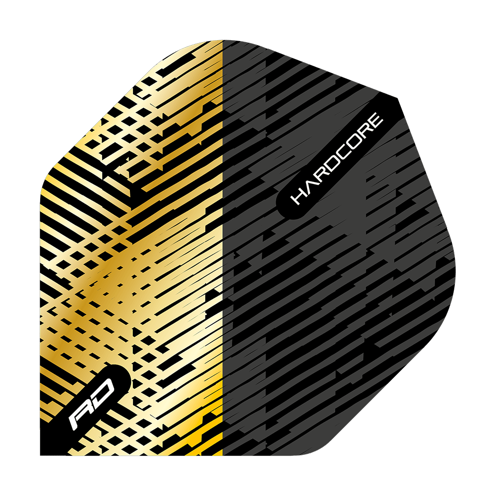 TF6832_Red_Dragon_Hardcore_Premium_Gold_Black_Fleck_Standard_Flights_10z4PO17LRq45a Dieses Bild zeigt ein Dartflight mit einem auffälligen Design in Gold und Schwarz. Auf dem Flight sind die Worte „RD“ und „HARDCORE“ zu sehen.