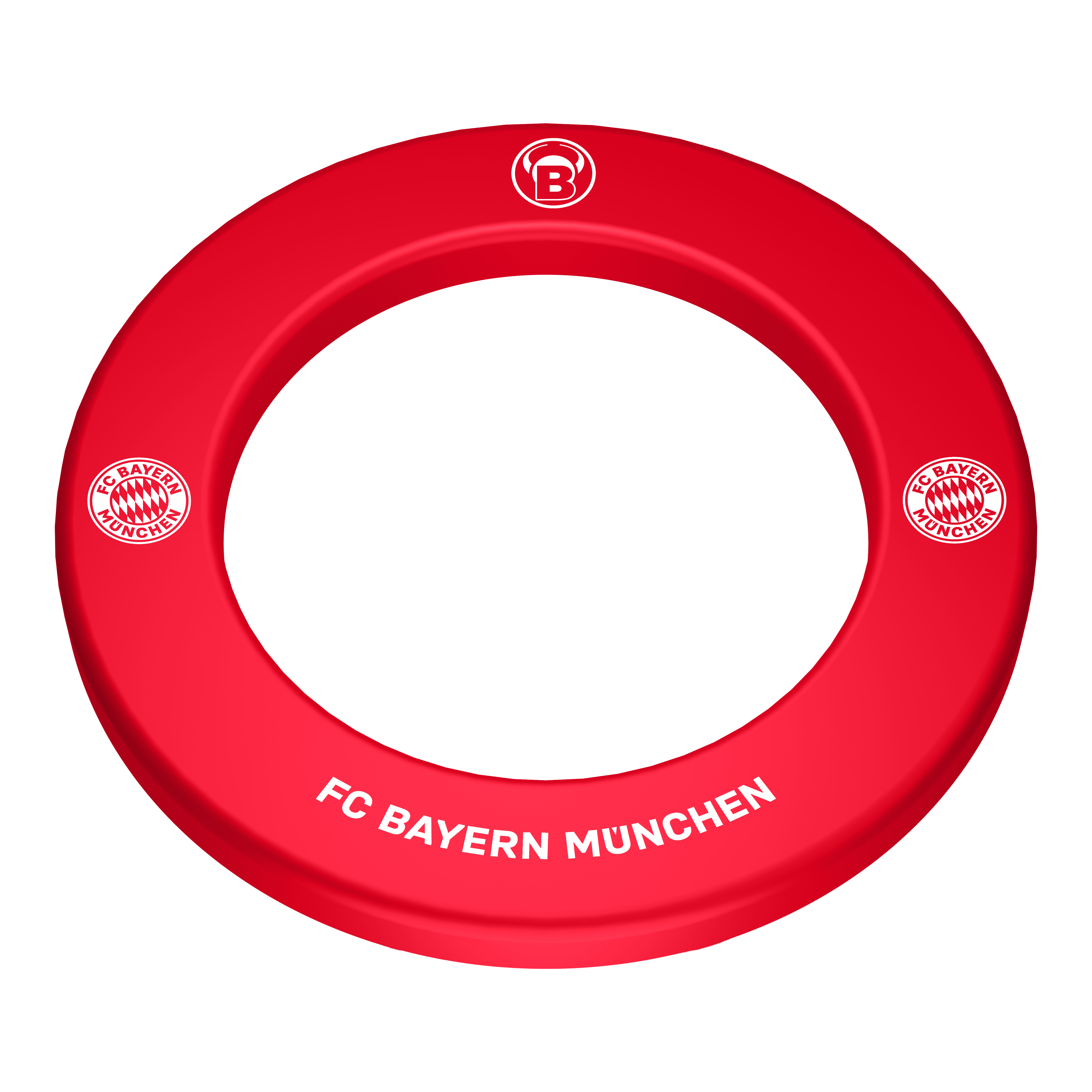 Das Bild zeigt das Bulls FC Bayern München Premium Dartboard Surround. Es handelt sich um eine hochwertige Umrandung für ein Dartboard im Design des FC Bayern München.