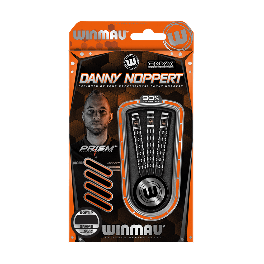 2459_Winmau_Danny_Noppert_Freeze_Edition_Softdarts_3 Auf dem Bild ist das Produkt „Winmau Danny Noppert Freeze Edition Softdarts - 20g“ zu sehen. Die Verpackung zeigt drei Darts mit schwarzem Design und das Porträt des Spielers Danny Noppert.