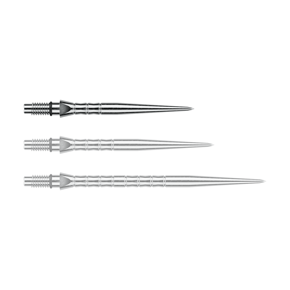 Stalowe groty do lotek Winmau Switch Point Wave – efekt srebrny Das Foto zeigt Winmau Switch Point Wave Silver Effect Steeldartspitzen mit 26 mm. Die silberfarbenen Steeldartspitzen sind in der Nahaufnahme sichtbar.