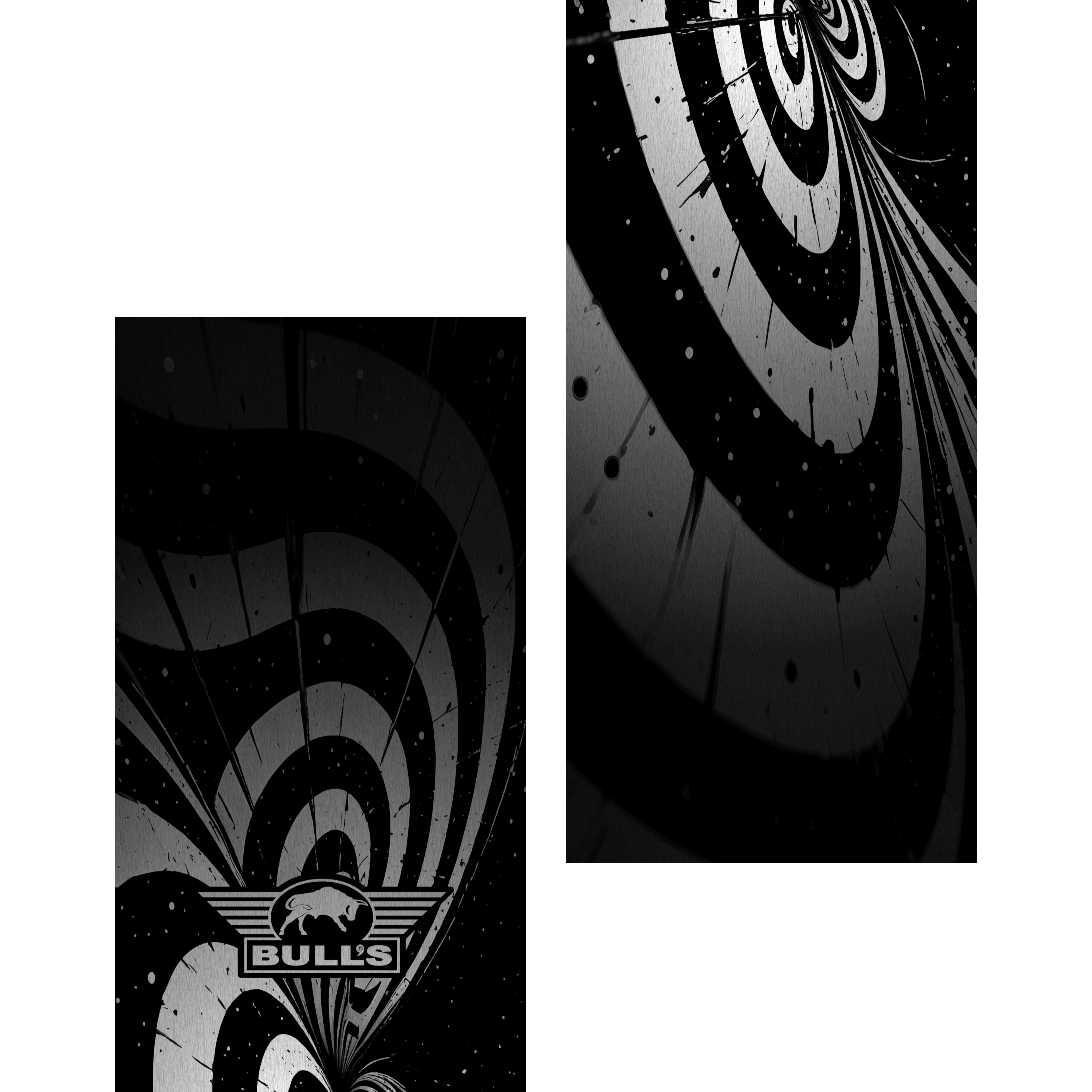 Das Bild zeigt den "Bulls NL Illusion Black White Dartteppich" mit einem auffälligen, schwarz-weißen Kreismuster. Unten ist das Logo von BULL'S mit einem stilisierten Stier zu sehen.