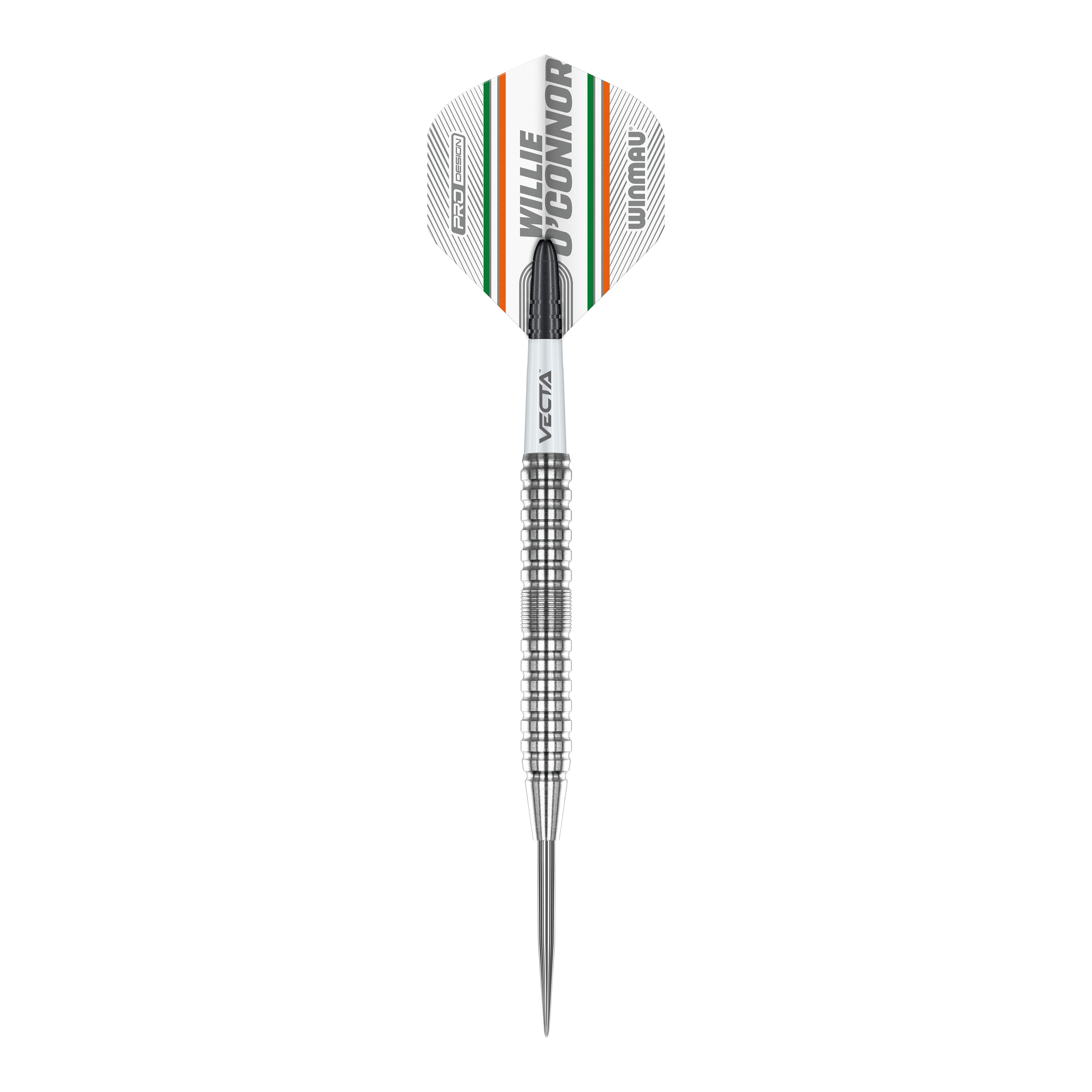 Lotki stalowe Winmau Willie O'Connor - 23g Das Bild zeigt einen Winmau Willie O'Connor Steeldart mit 23g Gewicht. Der Dart hat ein silbernes, geriffeltes Barrel und ein Flight mit orangenen, grünen und schwarzen Streifen.