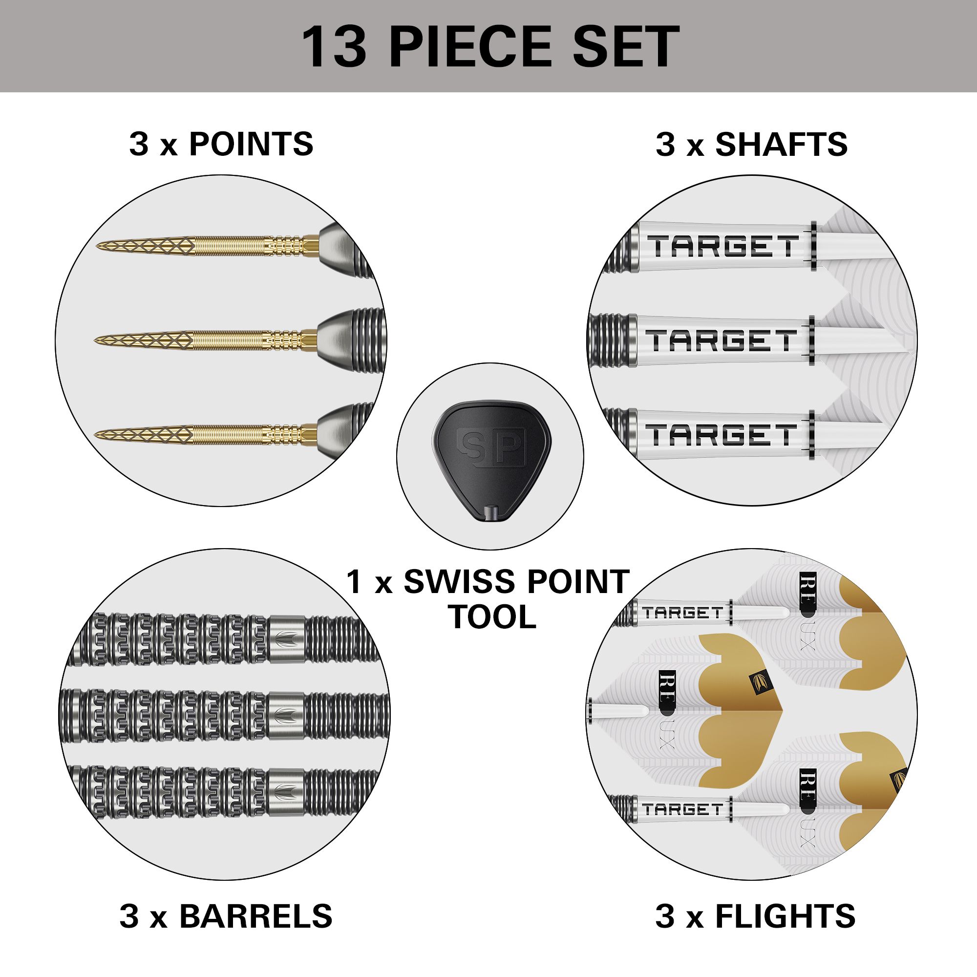Das Bild zeigt die Target Redux 03 Swiss Point Steeldarts. Diese Steeldarts bieten eine hohe Präzision beim Werfen.