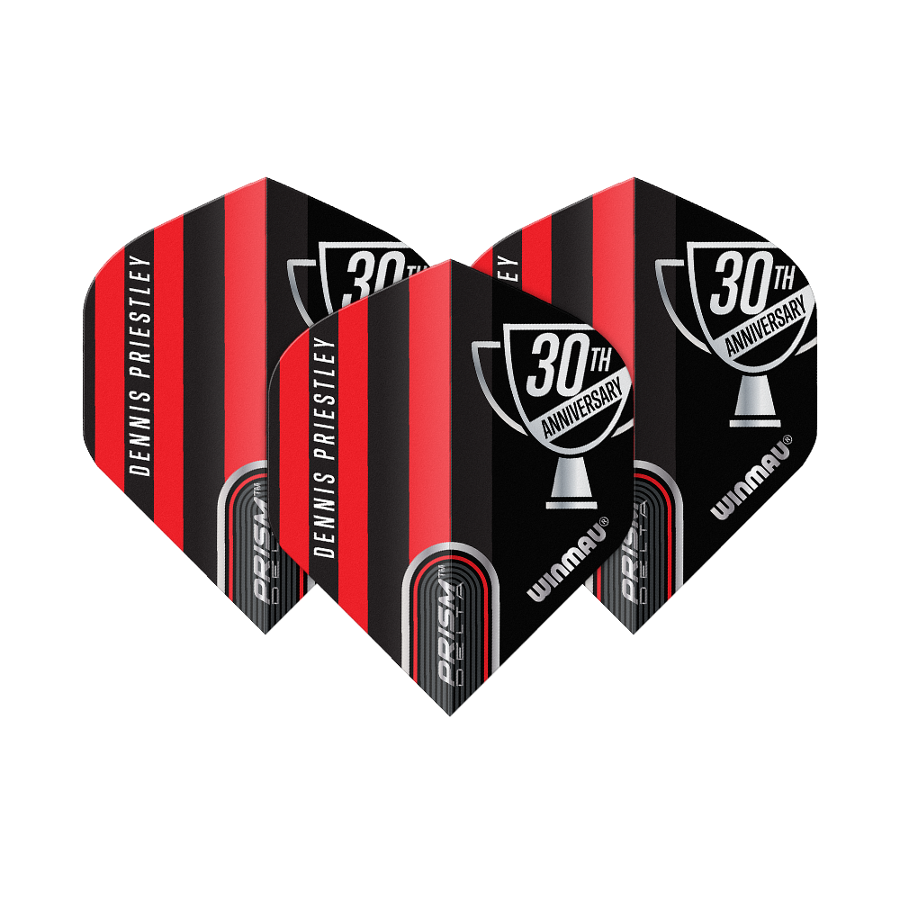 Das Bild zeigt drei Dartflights der Marke Winmau in rot-schwarzem Design. Auf den Flights steht "Dennis Priestley" und "30th Anniversary".