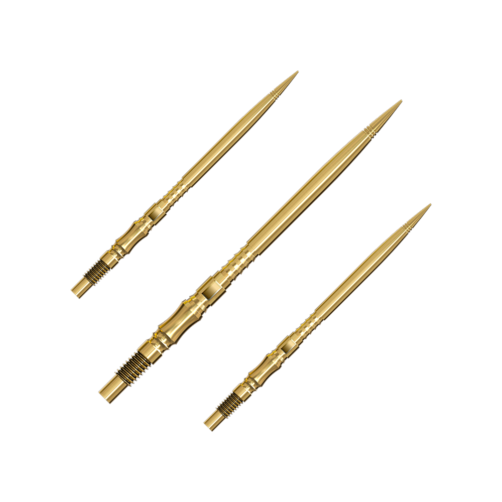Końcówki do lotek Harrows Quick Point Axis Elite Series – złote Ein Set von mehreren goldfarbenen Dartspitzen liegt nebeneinander. Die Spitzen sind gut sortiert und übersichtlich angeordnet.