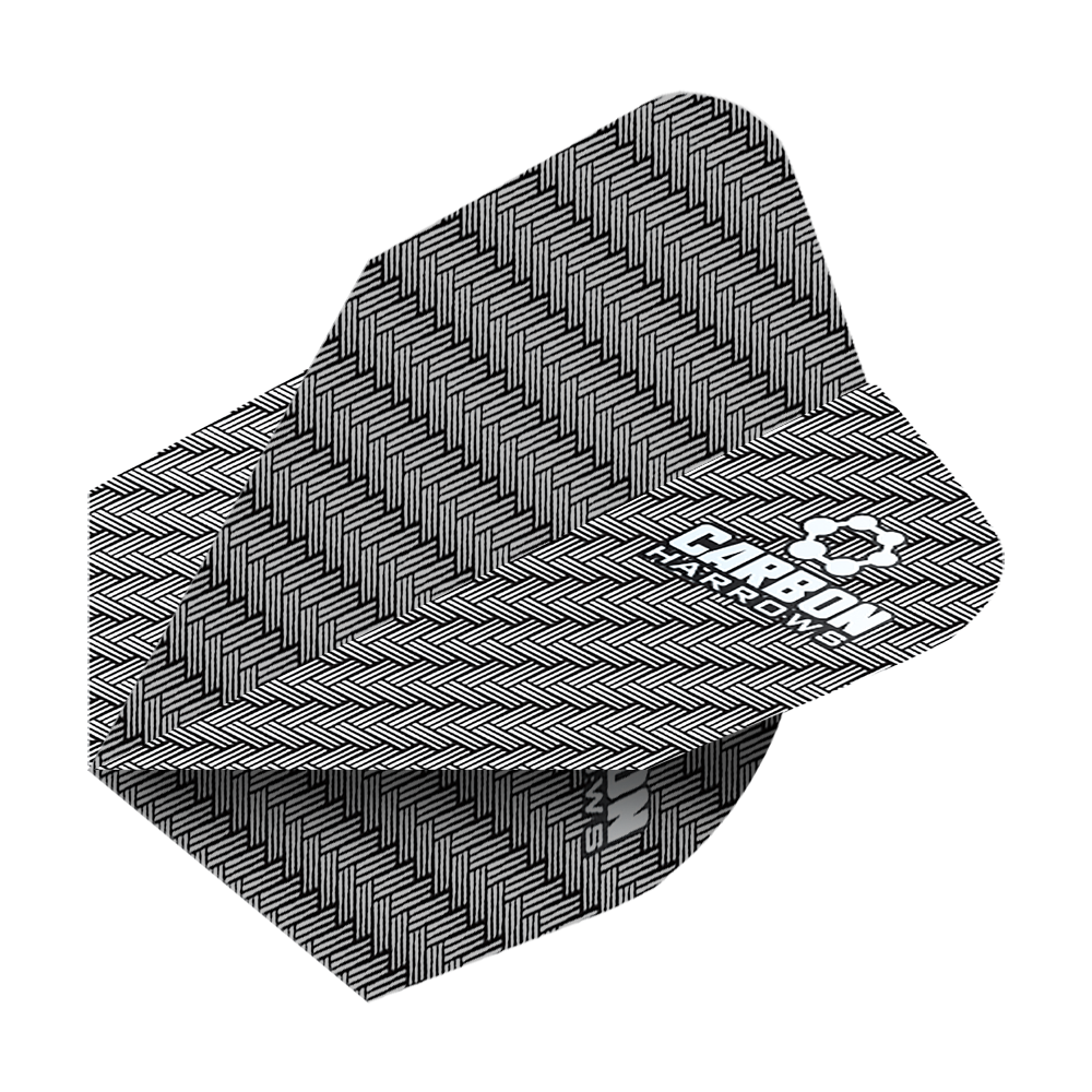 HR53_Harows_Carbon_No6_Flights_Weiss_2 Das Bild zeigt die Harrows Carbon Flights HR53 mit einem schwarz-weißen, gewebten Karbonmuster. Auf der Oberfläche steht in Weiß die Aufschrift "CARBON HARROWS".