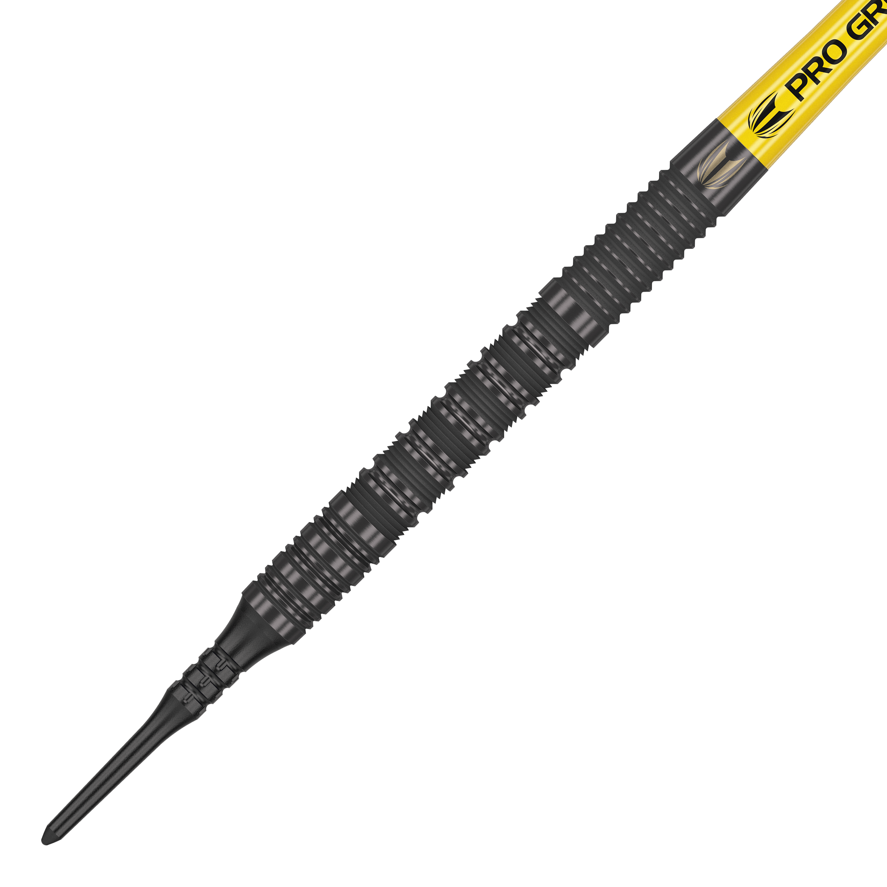 Target Bolide Void 10 miękkich rzutek Das Bild zeigt einen Target Bolide Void 10 Softdart mit einer schwarzen, strukturierten Spitze. Am oberen Ende ist ein gelber Schaft mit der Aufschrift "Pro Grip" zu sehen.