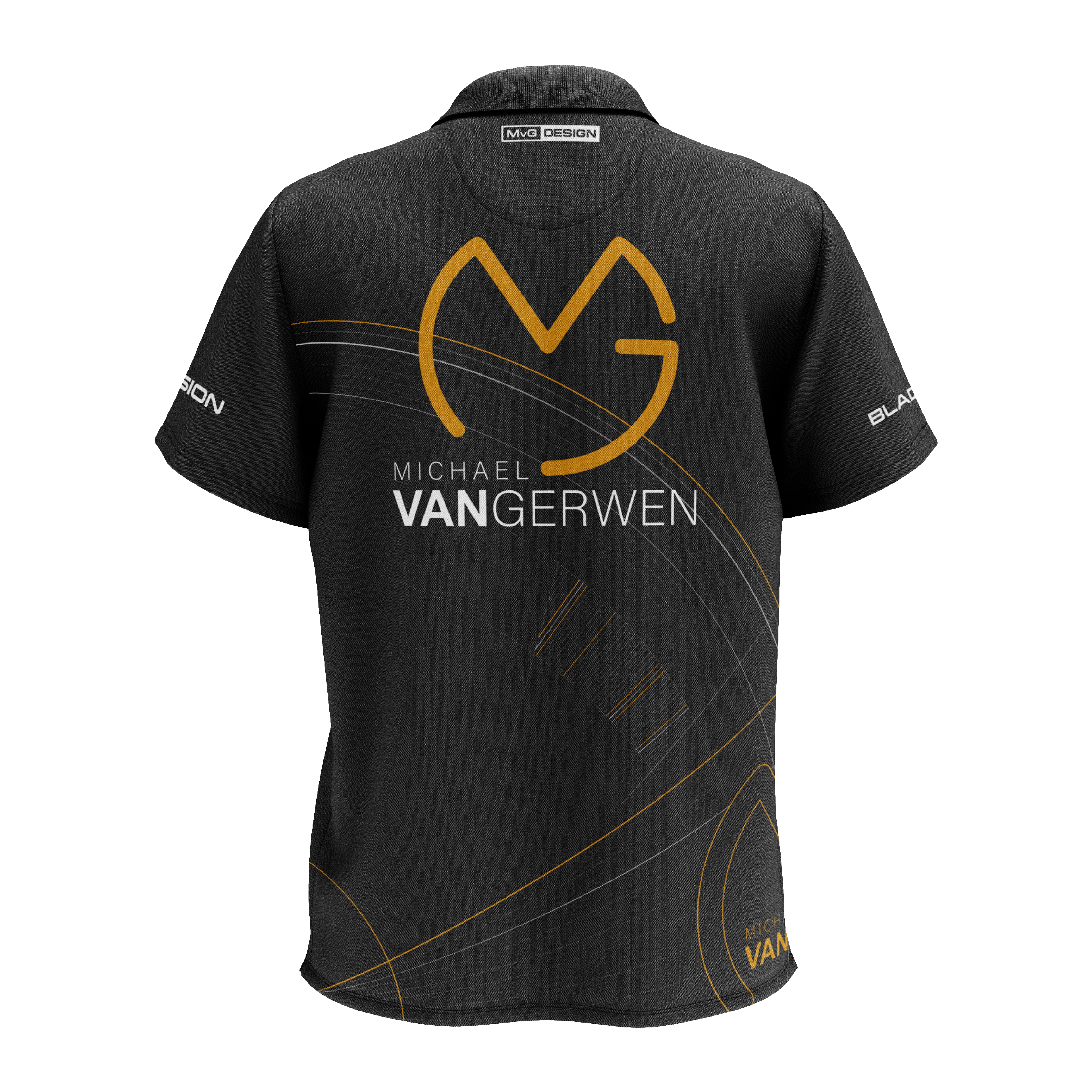 Koszulka polo dart Winmau z limitowanej edycji Das Bild zeigt ein schwarzes Dartshirt mit goldenen und weißen Akzenten. Auf der Rückseite steht "Michael van Gerwen" zusammen mit einem großen, stilisierten "MVG"-Logo.