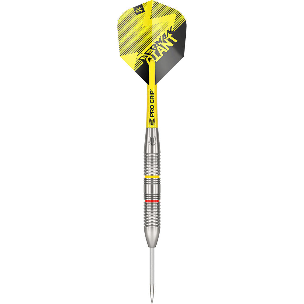 170005_Target_Gabriel_Clemens_Brass_Steeldarts_1BNpPg6TVQ9F3I Dies ist ein Target Gabriel Clemens Brass Steeldart mit 22 Gramm Gewicht. Der Dart hat gelbe und schwarze Designelemente sowie auffällige Grip-Ringe am Barrel.