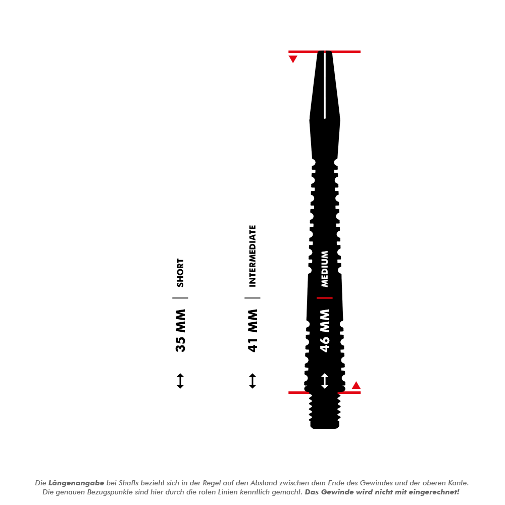 Das Bild zeigt drei verschiedene Längen von Dartschäften: 35 mm (kurz), 41 mm (mittel) und 46 mm (lang). Die Längenangabe bezieht sich auf den Abstand zwischen dem Ende des Gewindes und der oberen Kante, wobei das Gewinde nicht mit eingerechnet wird.