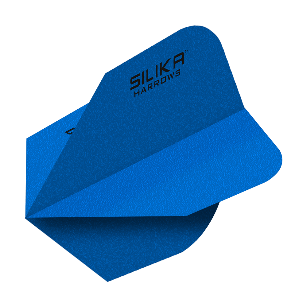Powłoka krystaliczna Harrows Silica Solid Tough Blue No6 Flights Das Bild zeigt blaue Dartflights mit der Aufschrift "Silika Harrows". Die Flights haben eine feste, kristalline Beschichtung und sind in der Form No6 gestaltet.