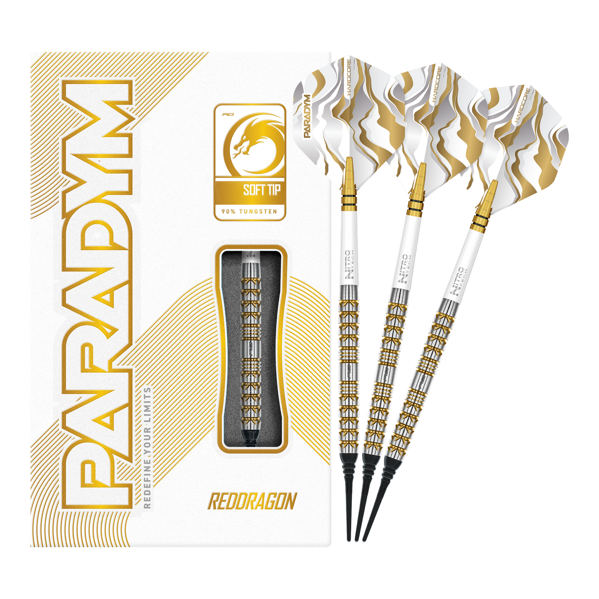 Red Dragon Paradym Gold Parallel Softdarts - 20g Das Bild zeigt die Red Dragon Paradym Gold Parallel Softdarts - 20g in voller Länge. Die goldfarbenen Darts wirken hochwertig und professionell.