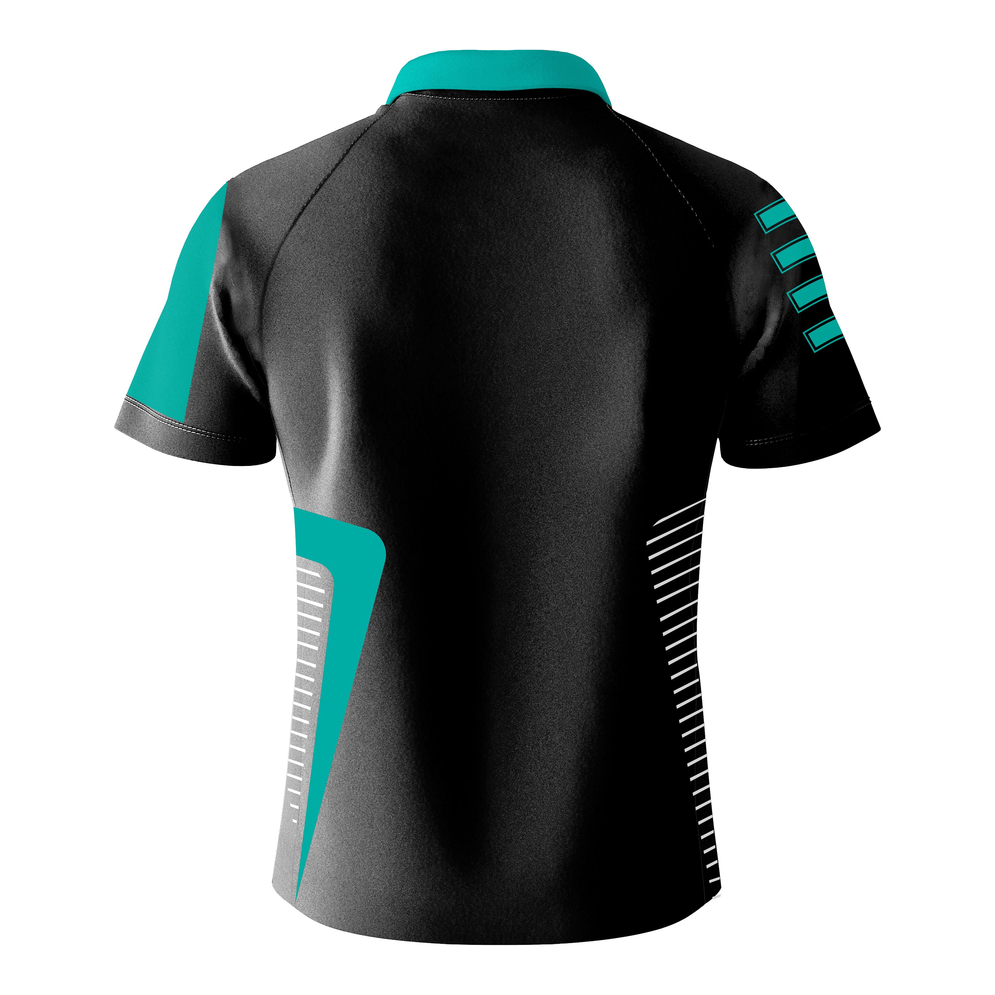 Koszulka Bulls Team Dart - Mięta Das Bild zeigt das "Bulls Team Dartshirt - Mint" von hinten. Das Shirt ist überwiegend schwarz mit mintfarbenen und weißen Akzenten.