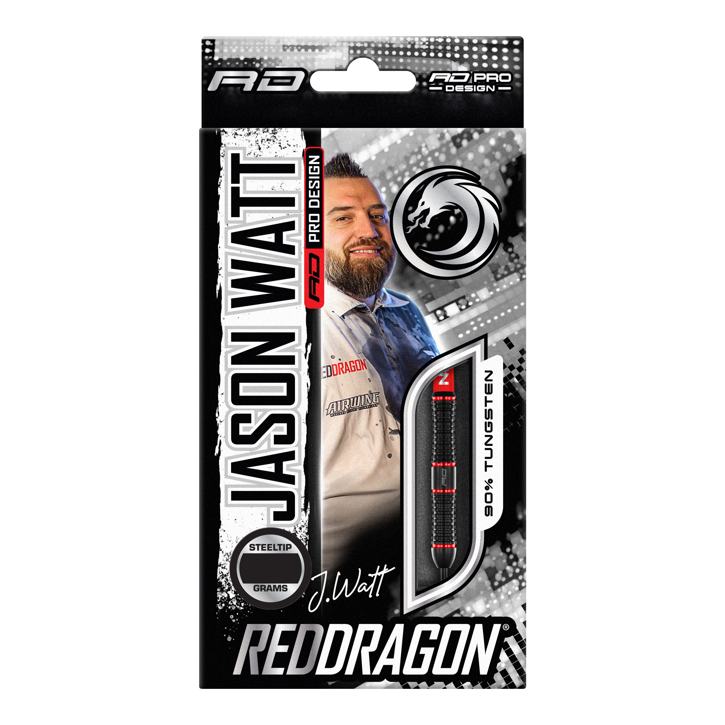 Rzutki stalowe Red Dragon Jason Watt - 22g Die Abbildung zeigt die Verpackung der "Red Dragon Jason Watt Steeldarts - 22g". Auf der Vorderseite sind ein Bild von Jason Watt, der Dartpfeil und das Red Dragon-Logo zu sehen.