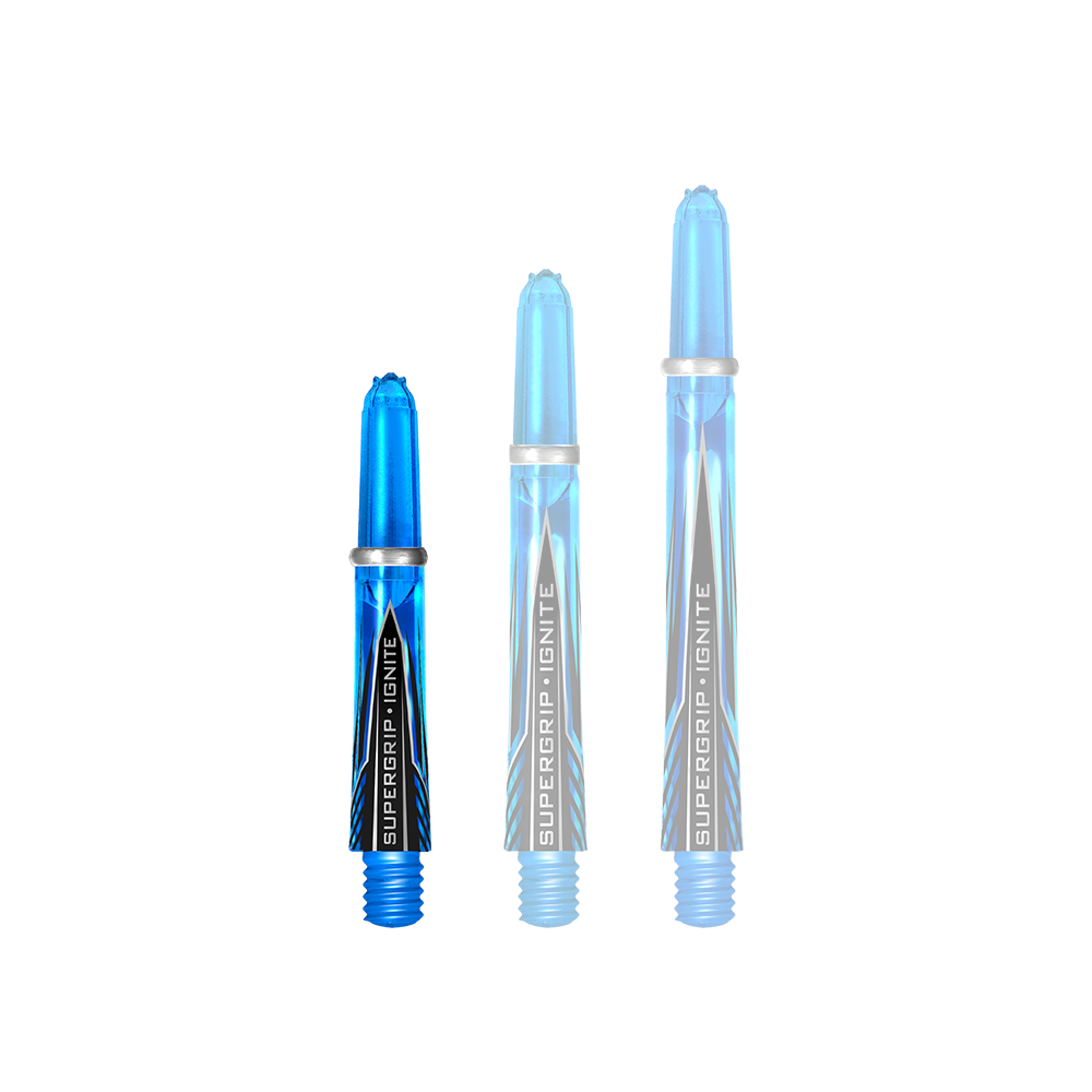 HR386_Harrows_Supergrip_Ignite_Shafts_Aqua_33mm_1 Das Bild zeigt drei Harrows Supergrip Ignite Shafts in der Farbe Aqua. Die Shafts sind unterschiedlich lang und haben ein modernes, blaues Design.