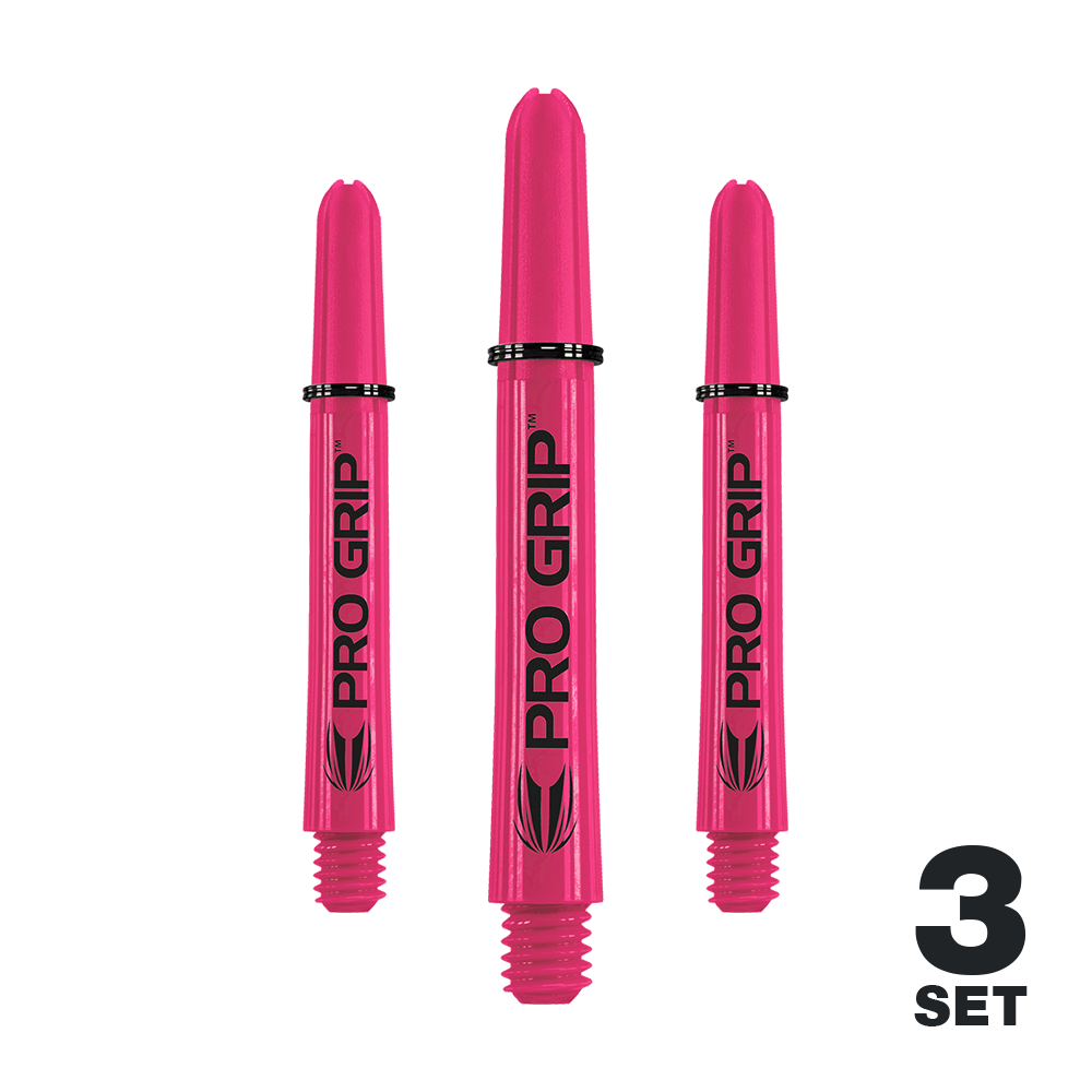 Uchwyty Target Pro Grip - 3 zestawy - różowe Das Bild zeigt drei pinke Pro Grip Shafts für Darts. Unten rechts steht "3 Set" geschrieben.