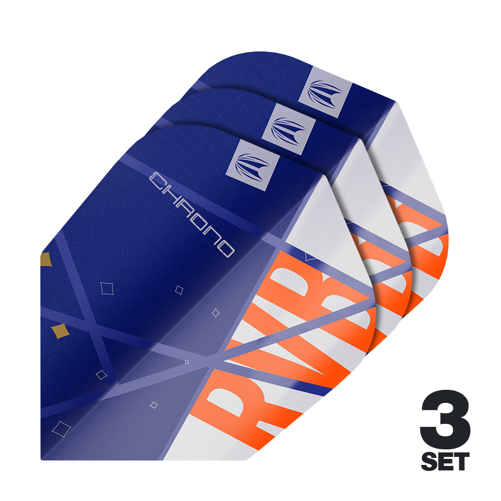 Das Bild zeigt drei Sets der Target Pro Ultra Raymond Van Barneveld Chrono No6 Flights. Die Flights sind hauptsächlich blau mit weißen und orangefarbenen Akzenten gestaltet.