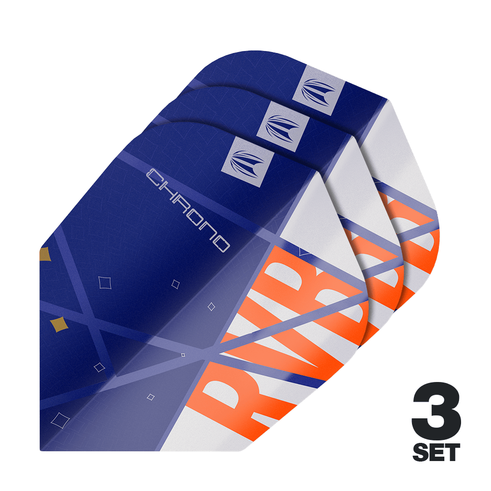Target Pro Ultra Raymond Van Barneveld Chrono No6 Flights - 3 zestawy Das Bild zeigt drei Sets der Target Pro Ultra Raymond Van Barneveld Chrono No6 Flights. Die Flights sind hauptsächlich blau mit weißen und orangefarbenen Akzenten gestaltet.
