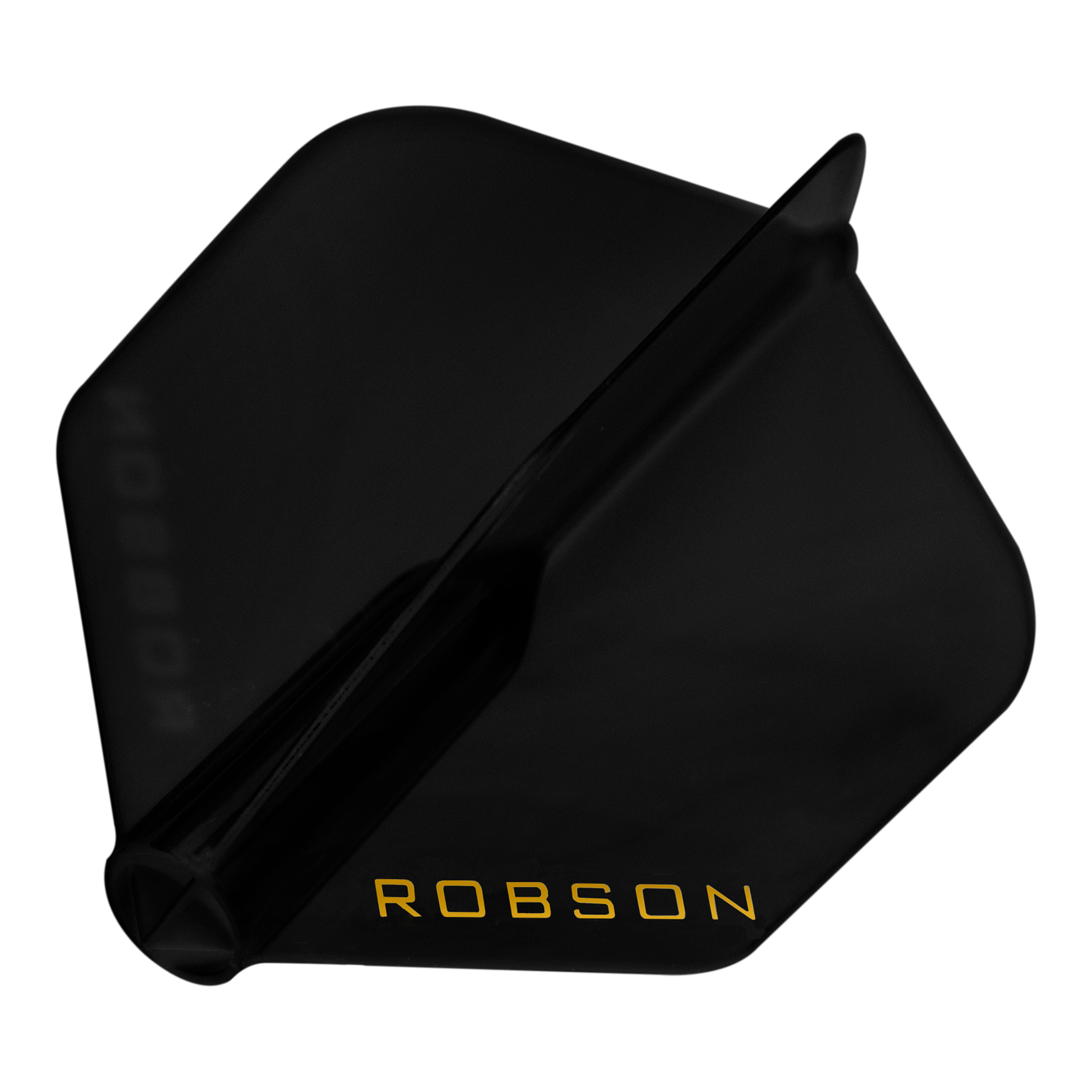 Loty Robson Plus — standardowe Das Bild zeigt einen schwarzen Dart-Flügel mit der Aufschrift "ROBSON" in gelber Farbe. Der Flügel hat eine standardmäßige, fünfeckige Form.