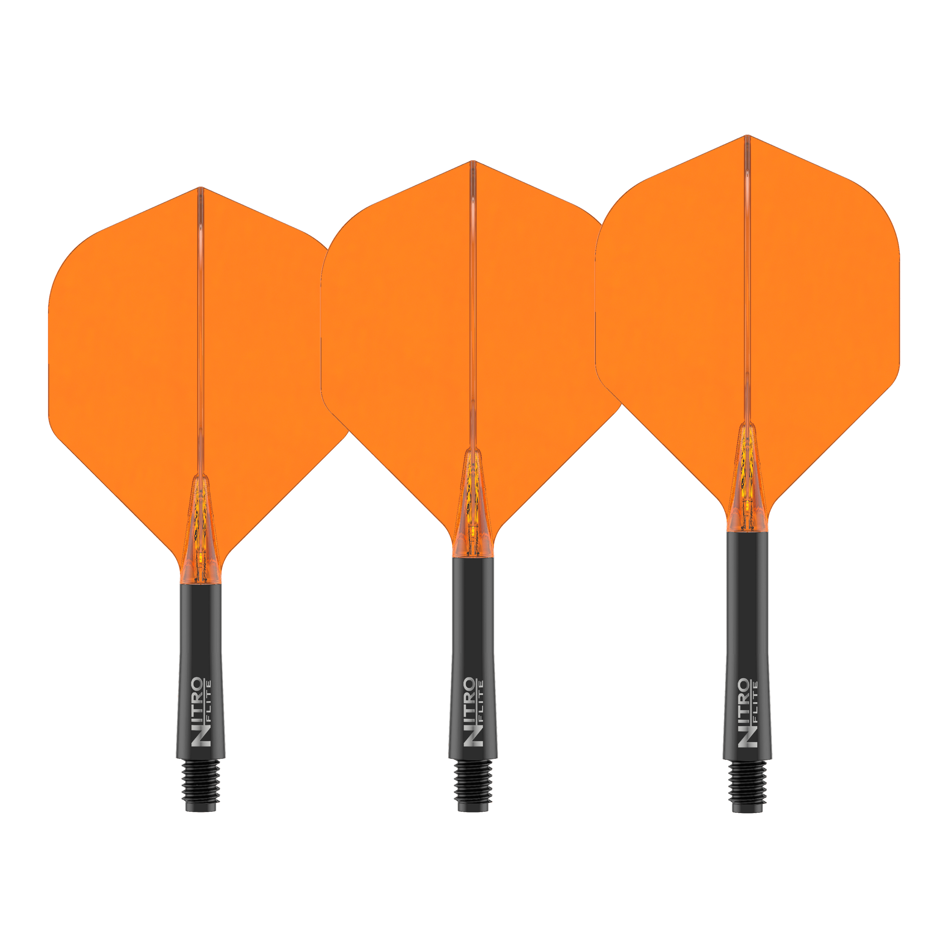 Red Dragon Nitroflite Czarny trzonek Pomarańczowe lotki nr 2 Dies ist das Produkt Red Dragon Nitroflite Black Shaft Orange Flights No2. Es wird ein Dart-Schaft mit orangefarbenen Flights gezeigt.