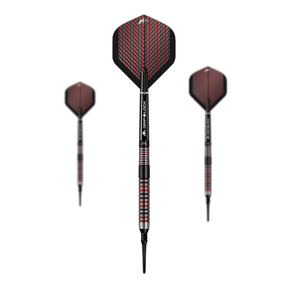 Auf dem Bild sind drei Softdarts des Modells "Mission Red Dawn Model 1" mit einem Gewicht von 19 Gramm zu sehen. Die Darts haben rote und schwarze Akzente sowie eine auffällige Flight-Gestaltung.
