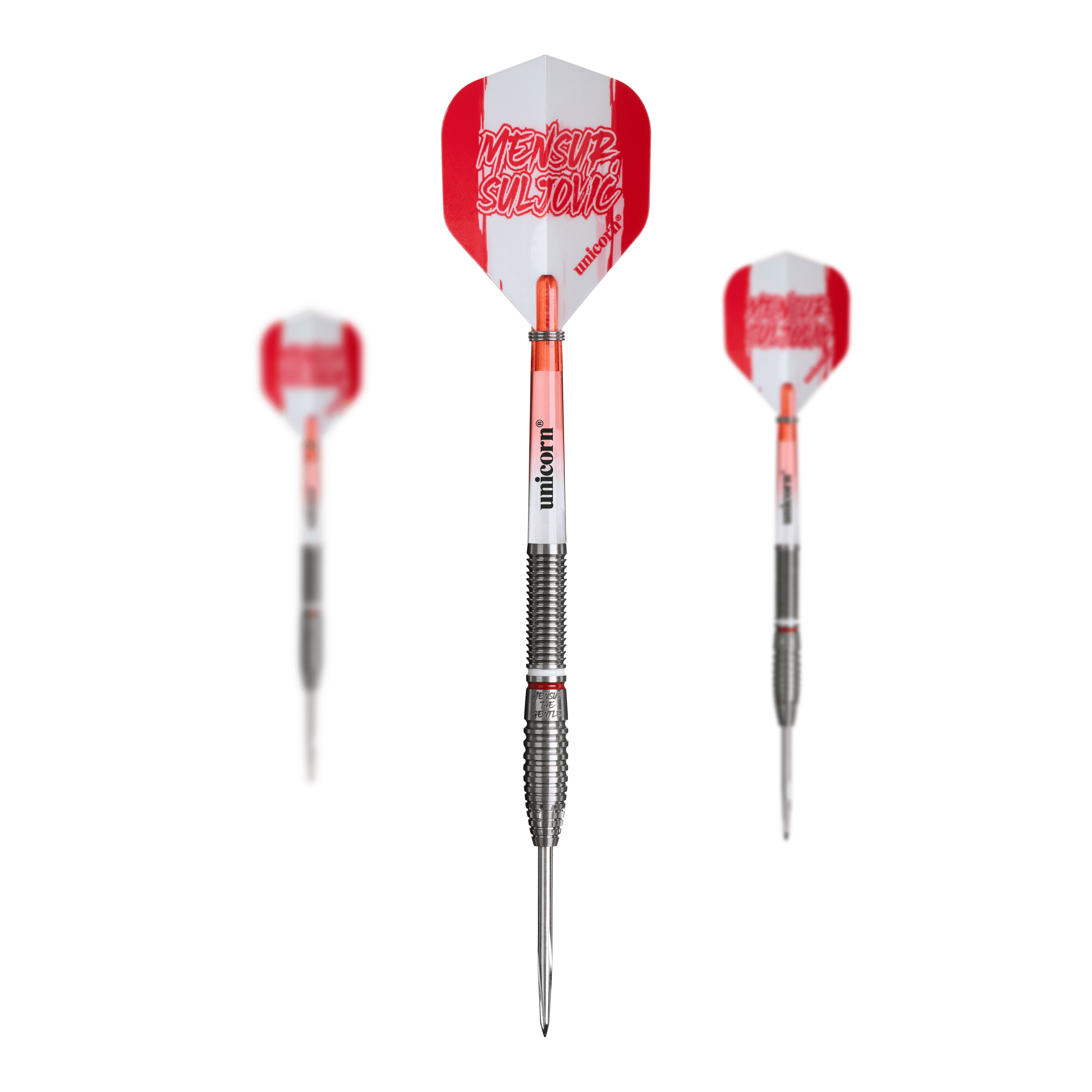 Die Abbildung zeigt Unicorn Mensur Suljovic The Gentle Steeldarts - 23g als Set. Es handelt sich um ein komplettes Dart-Set für ambitionierte Spieler.