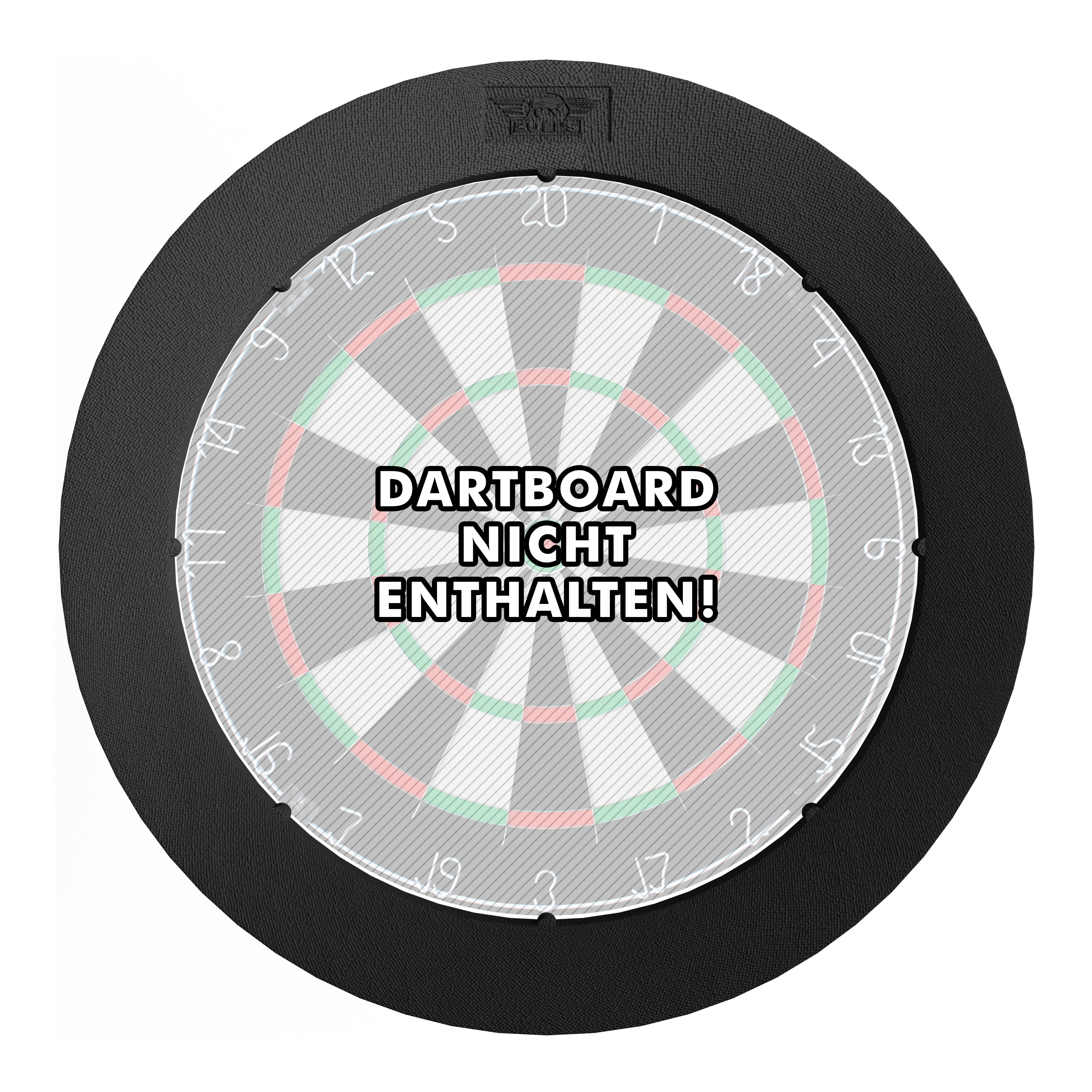 System oświetlenia przestrzennego Bulls NL Lumo Light Das Bild zeigt das 'Bulls NL Lumo Light Surround Beleuchtungssystem' rund um eine Dartscheibe. In der Mitte steht der Hinweis: "Dartboard nicht enthalten!"