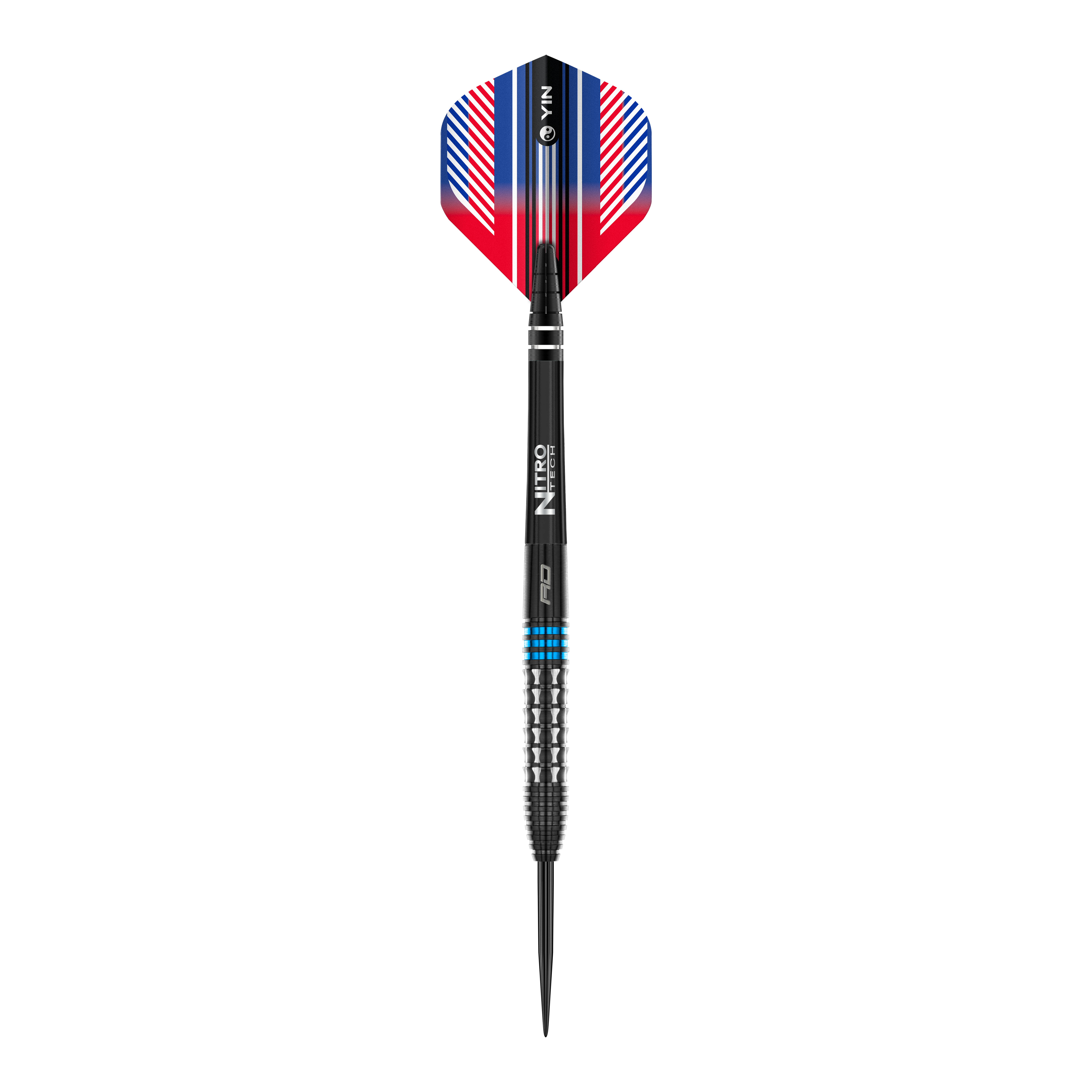 Niebieskie stalowe lotki Red Dragon Vengeance Das Bild zeigt einen Red Dragon Vengeance Blue Steeldart. Der Dart hat blaue und silberne Akzente sowie einen farbigen Flight in Rot, Blau und Weiß.