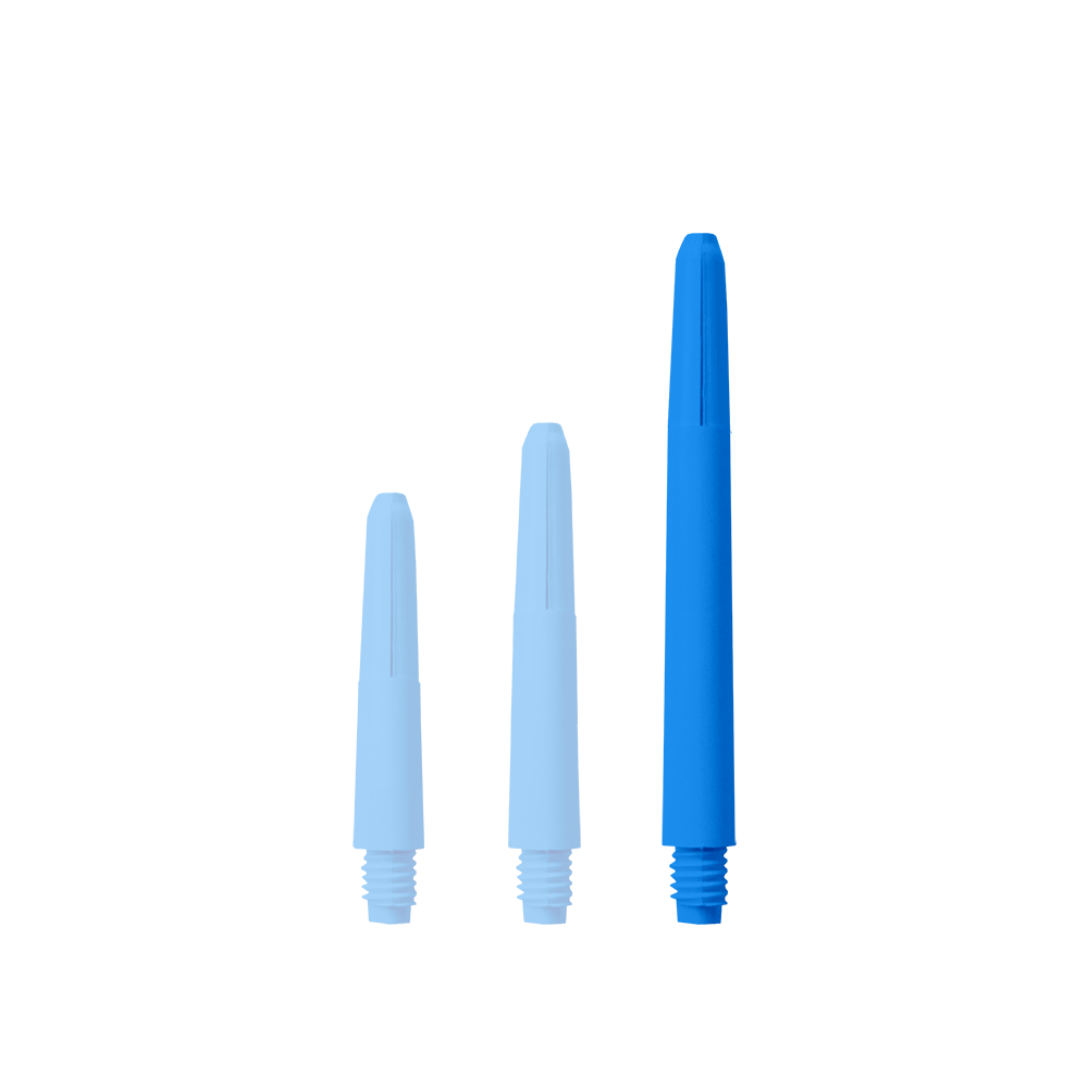 Das Bild zeigt drei blaue Nylon-Schäfte in unterschiedlichen Längen. Sie haben ein Schraubgewinde an einem Ende und sind für den Einsatz bei Darts gedacht.