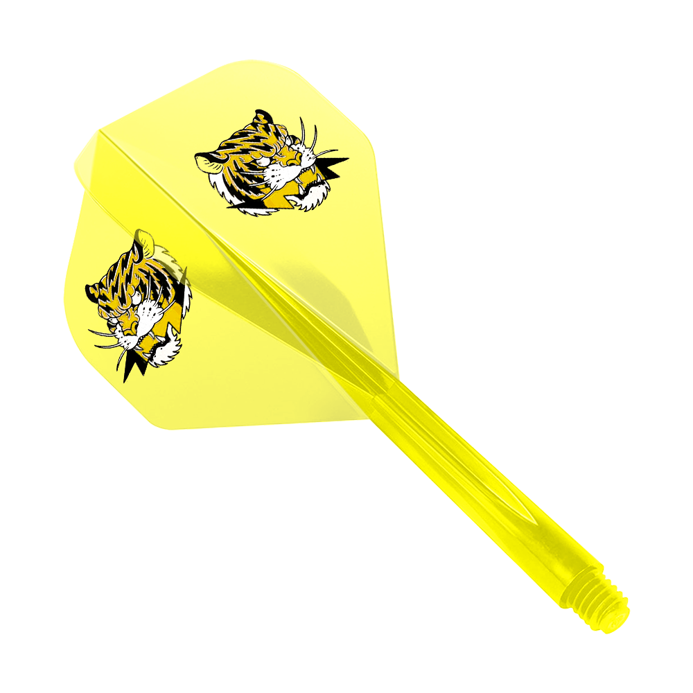 Das Bild zeigt einen gelben Dart-Flight mit zwei Tigerköpfen als Motiv. Das Produkt ist das "Condor AXE Inazuma Tiger Mix Flight-System Yellow Clear - Standard".