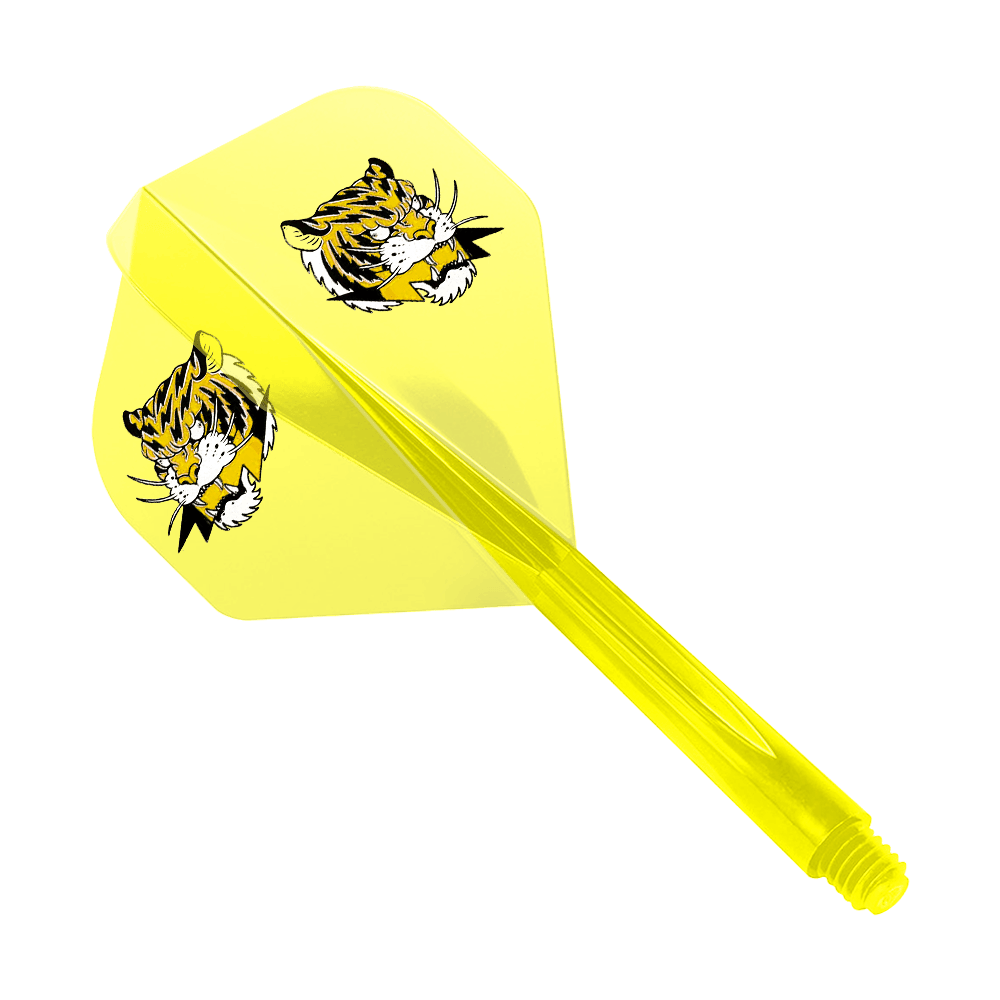 Condor AX Inazuma Tiger Mix Flight System Żółty Przezroczysty - Standard Das Bild zeigt einen gelben Dart-Flight mit zwei Tigerköpfen als Motiv. Das Produkt ist das "Condor AXE Inazuma Tiger Mix Flight-System Yellow Clear - Standard".