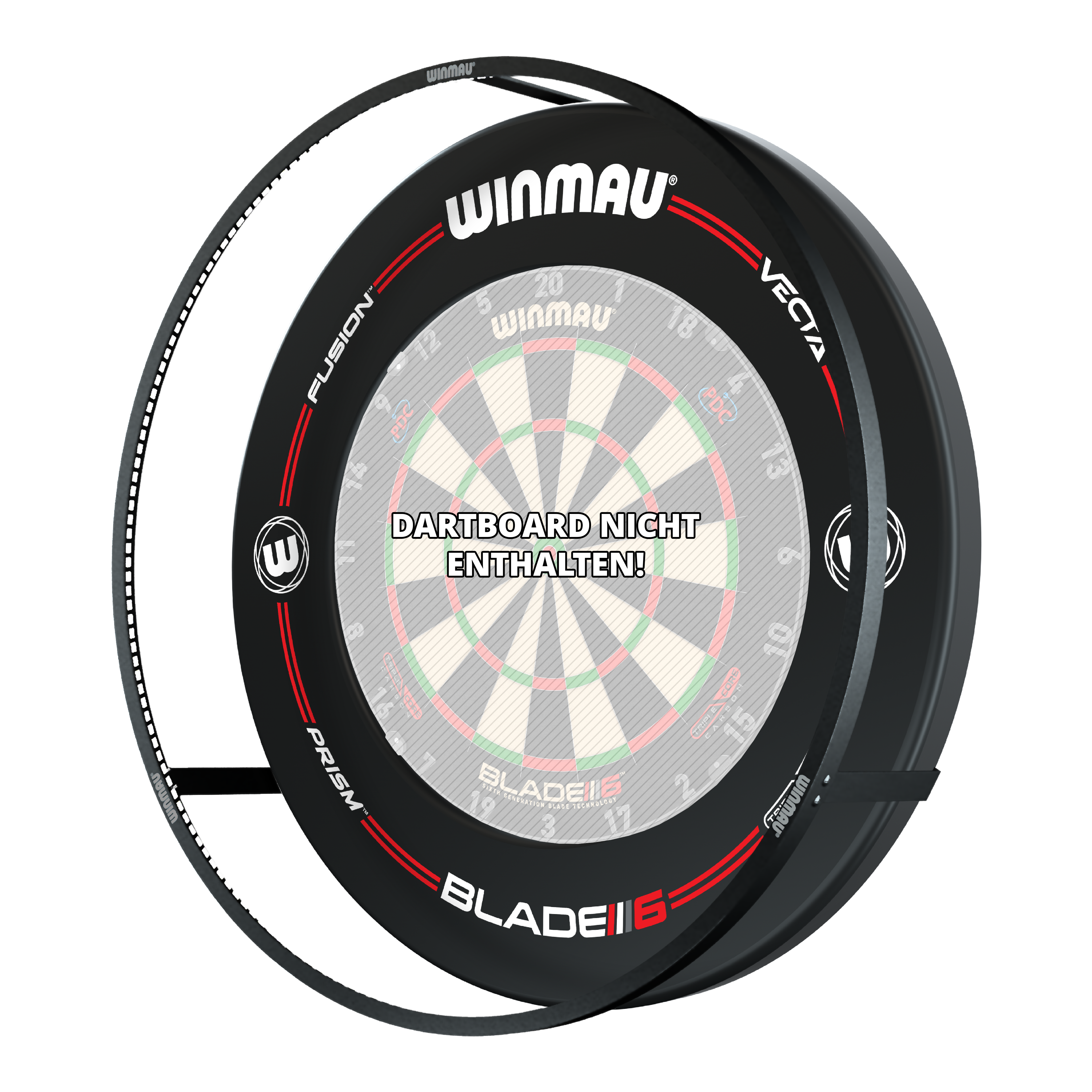 ZESTAW Oświetlenie LED i otoczenie Winmau Plasma Das Bild zeigt das Winmau Plasma LED Beleuchtung und Surround Bundle für Dartboards. In der Mitte steht der Hinweis "Dartboard nicht enthalten!".