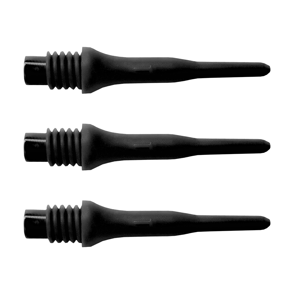 896_Bulls_Tefo_X_Softdart-Spitzen_100erPack_Schwarz_1Skth0HKgmtTar Das Bild zeigt drei schwarze Bull's Tefo X Spitzen, die nebeneinander liegen. Sie sind Ersatzspitzen für Softdartpfeile.