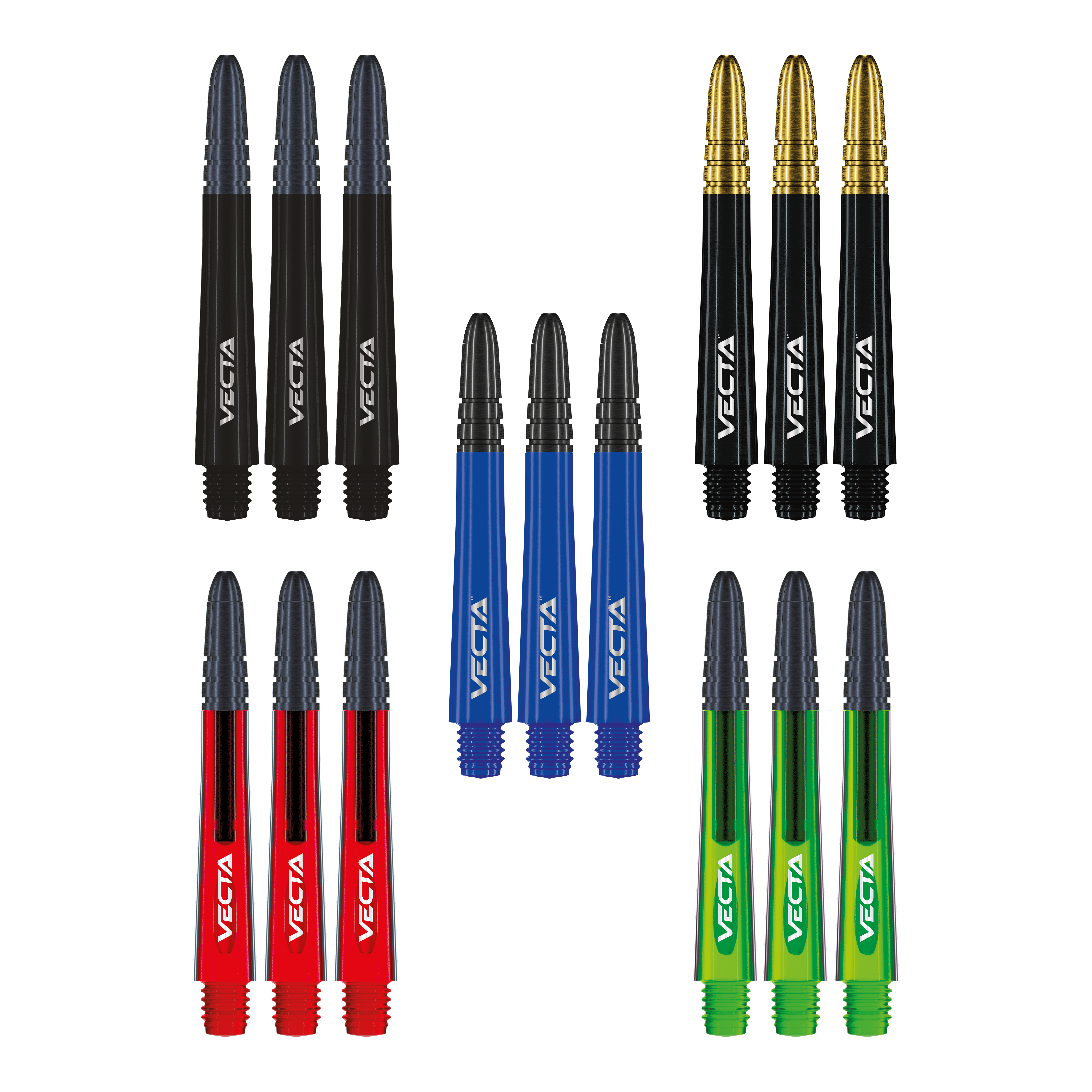 Kolekcja wałów Winmau Vecta Das Foto zeigt die Winmau Vecta Shaft Collection. Die Sammlung umfasst verschiedene Dartschäfte.