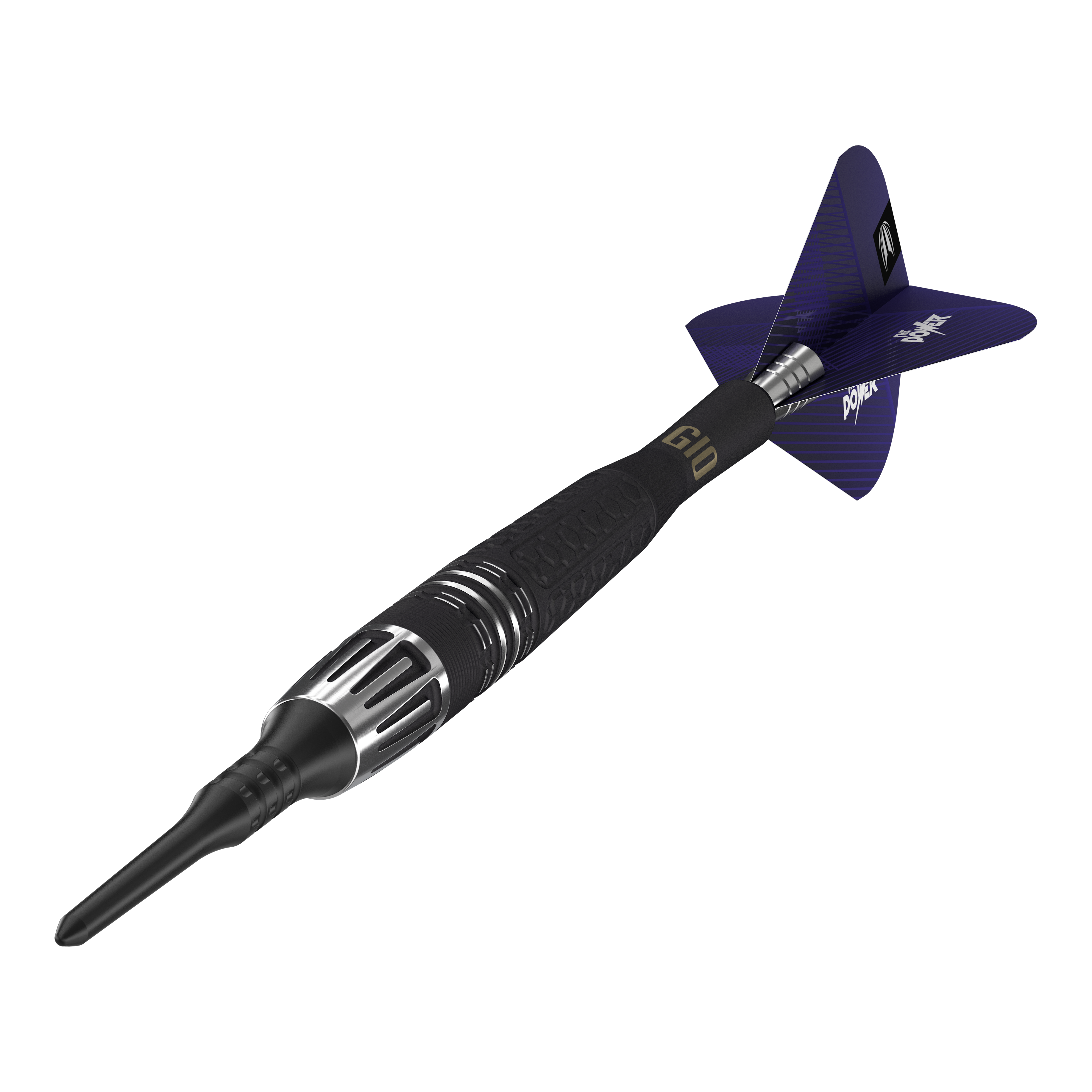 Miękkie lotki Target Phil Taylor Power 9Five GEN10 Auf dem Bild ist ein Target Phil Taylor Power 9Five GEN10 Softdart zu sehen. Der Dartpfeil hat ein modernes Design mit schwarzen und silbernen Details sowie blauen Flights.
