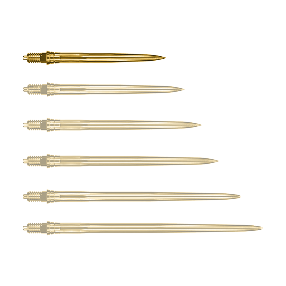 Auf dem Bild ist eine einzelne goldene Dartspitze zu sehen, vermutlich 28mm lang. Es handelt sich um eine Caliburn EZ-EVO Dartspitze der Variante Smooth.