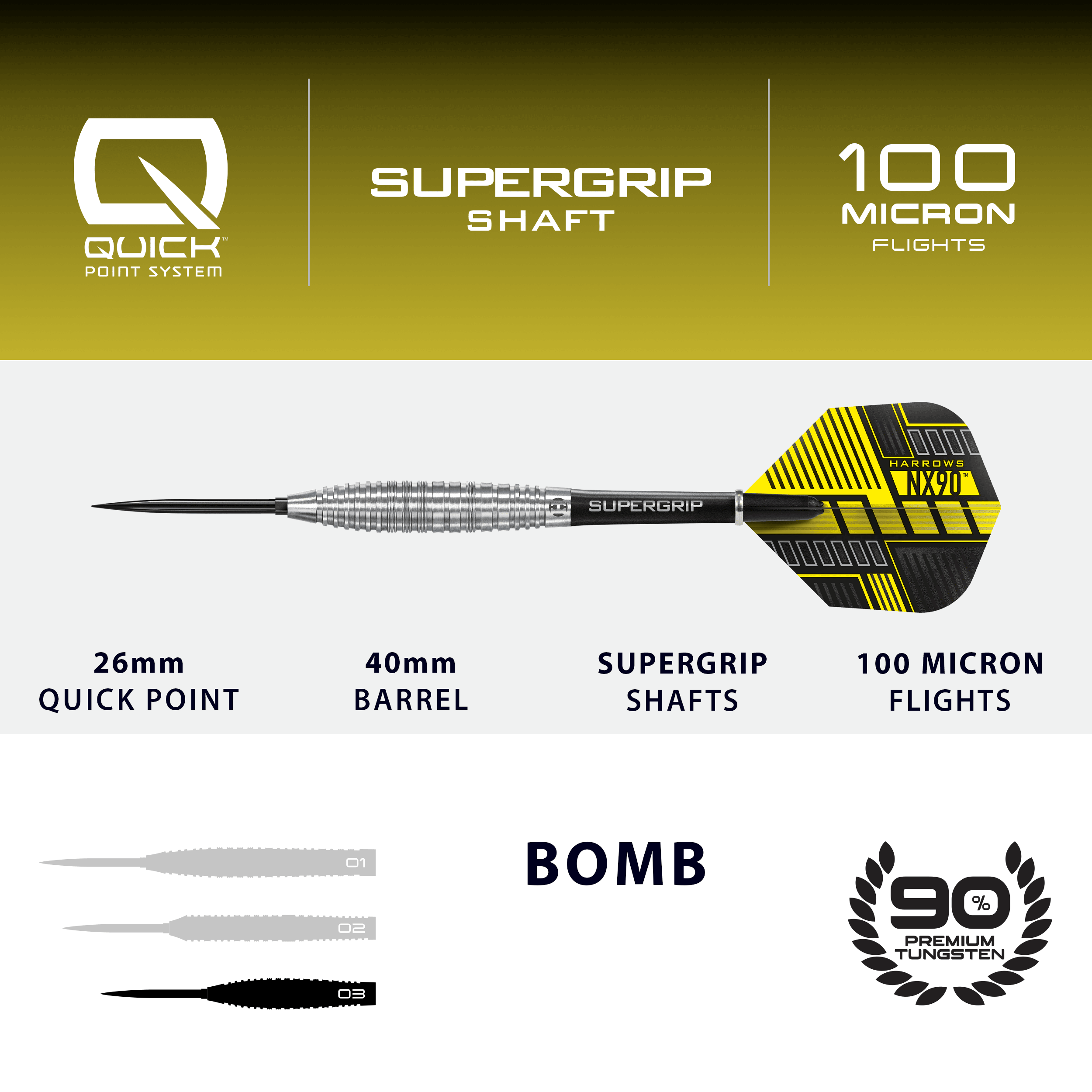 Lotki stalowe Harrows NX90 Bomb Quick Point Hier ist das Produkt Harrows NX90 Bomb Quick Point Steeldarts abgebildet. Die Darts werden für professionelle Spiele verwendet.